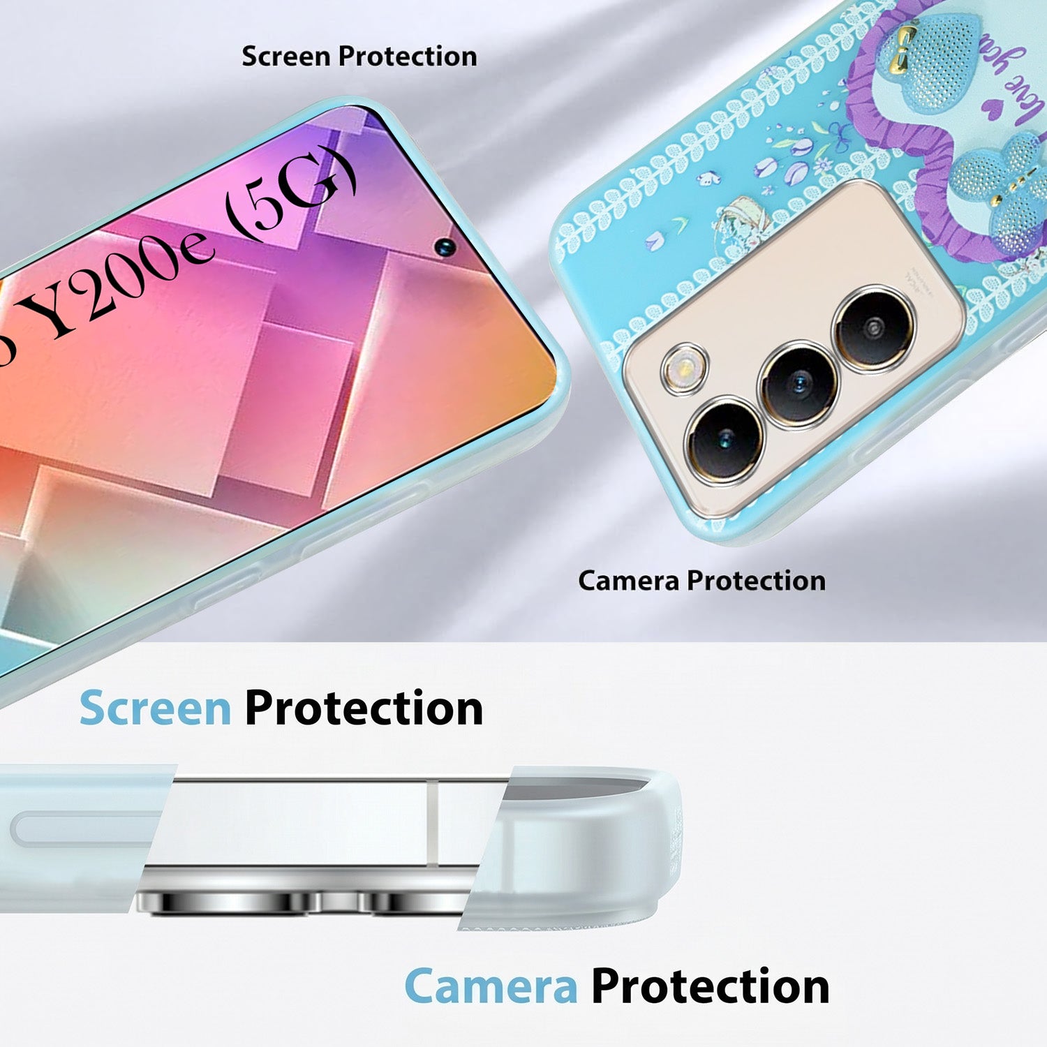 For Vivo Y200e Back Cover Case (3D Cute Heart Strap Holder | Camera Protection | Designer Girls Print)