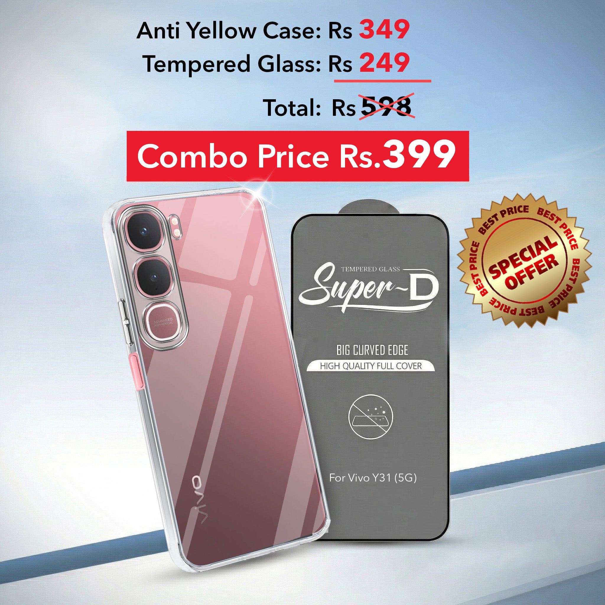 For Vivo Y31 5G Combo with Back Cover and 9H Tempered Glass (Lifetime Anti-Yellow | Sleek Hard Crystal | Oleophobic Coating Screen Glass)