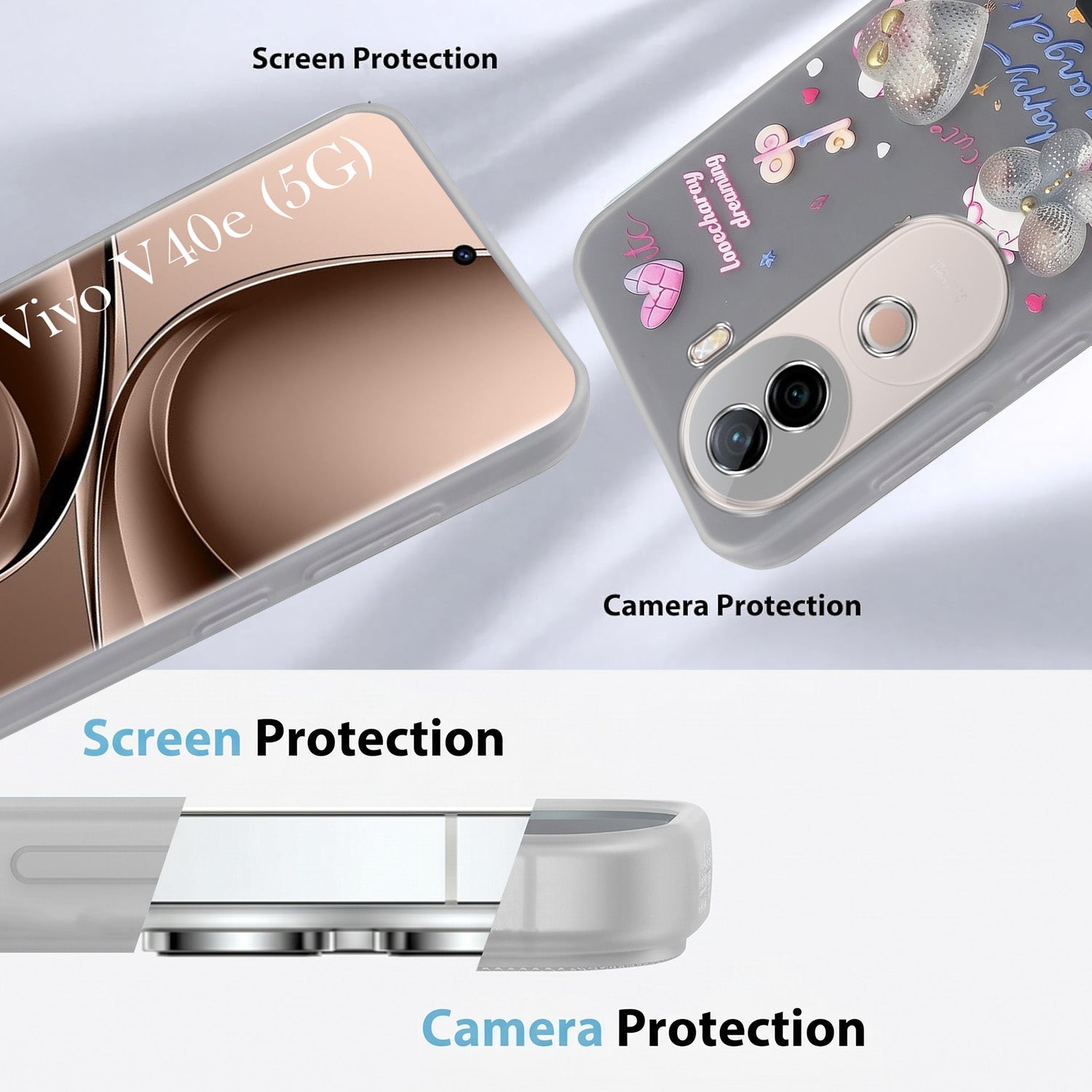 For Vivo V40e Back Cover Case (3D Cute Heart Strap Holder | Camera Protection | Designer Girls Print)