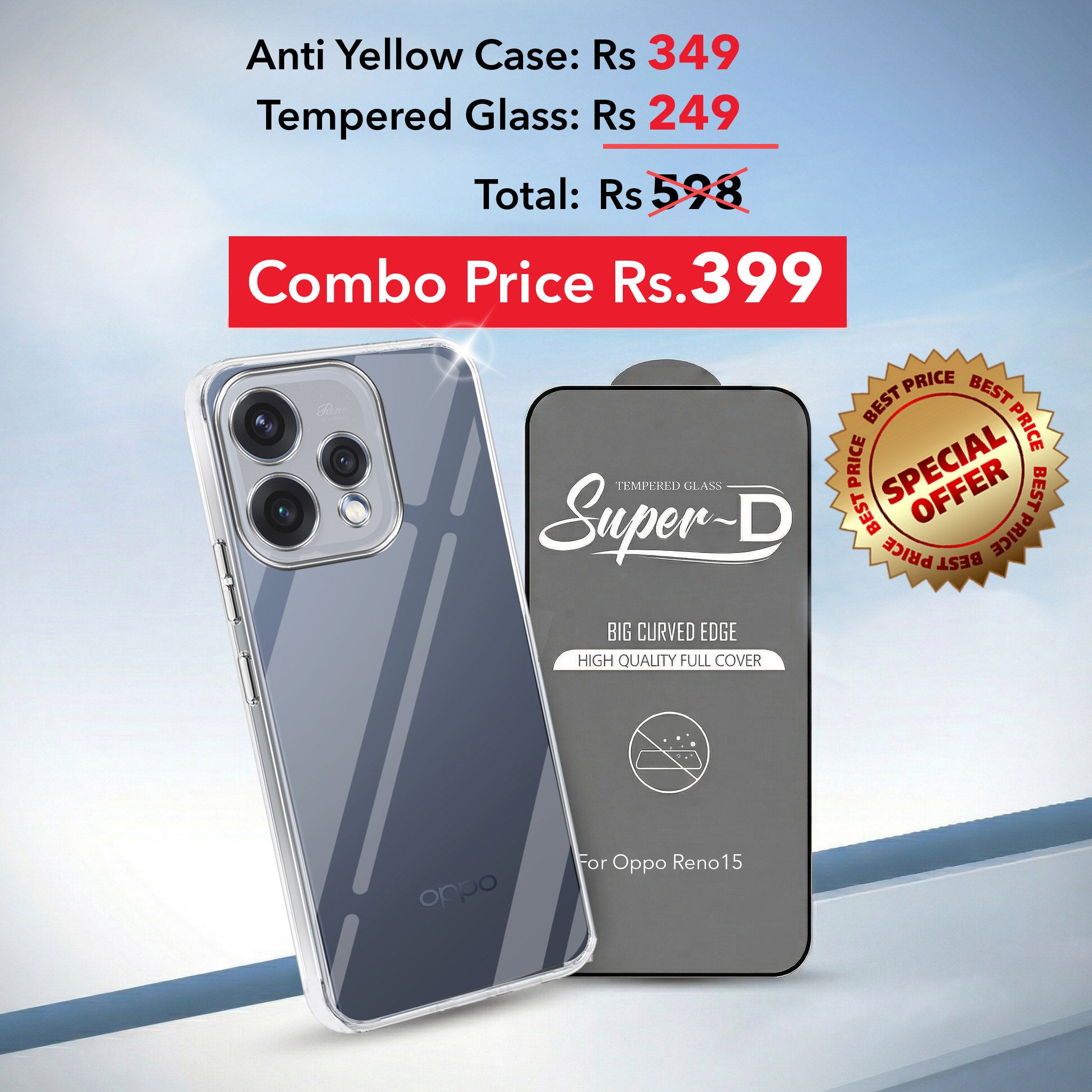 For Oppo Reno15 5G | Oppo Reno 15 5G Combo with Back Cover and 9H Tempered Glass (Lifetime Anti-Yellow | Sleek Hard Crystal | Oleophobic Coating Screen Glass)