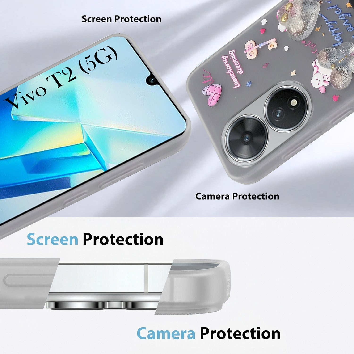 For Vivo T2 Back Cover Case (3D Cute Heart Strap Holder | Camera Protection | Designer Girls Print)
