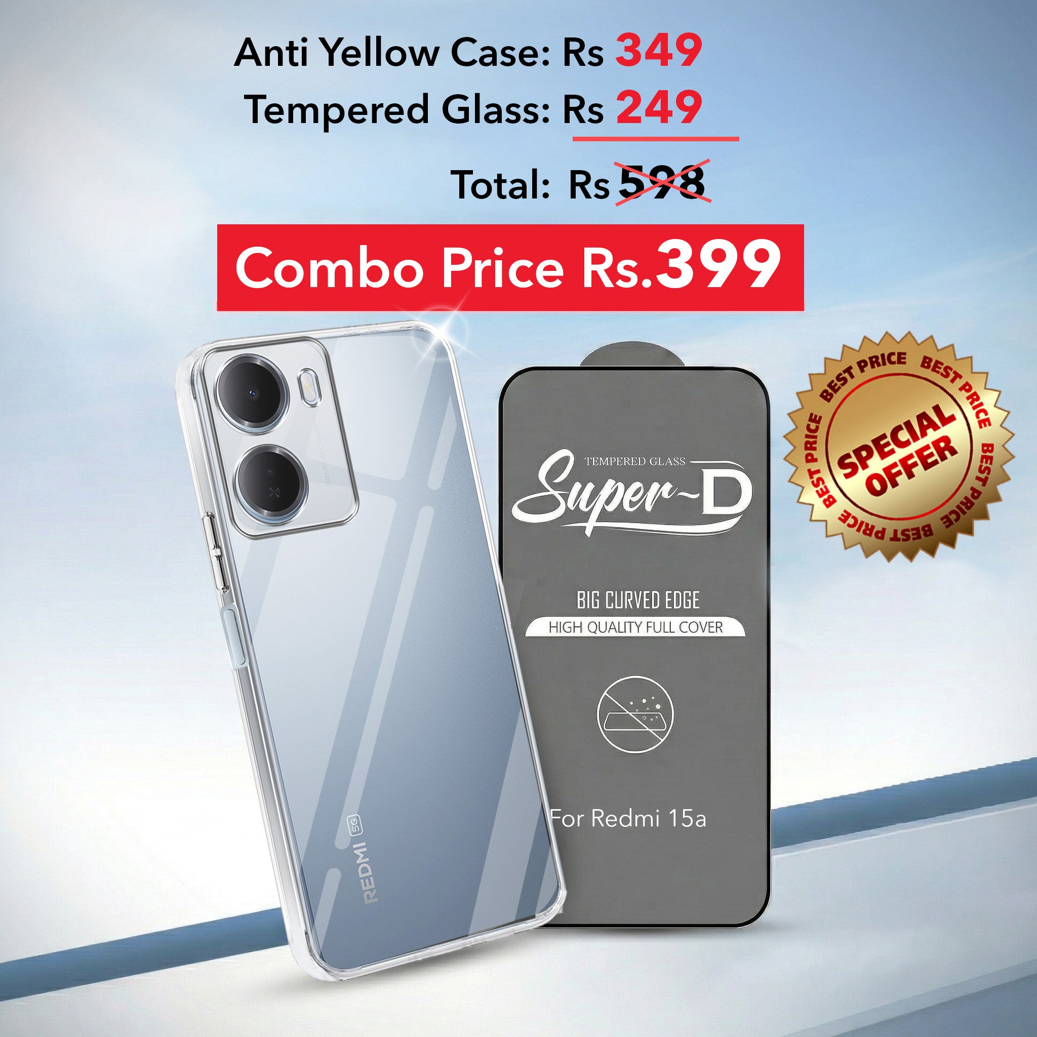 For Redmi 15A 5G Combo with Back Cover and 9H Tempered Glass (Lifetime Anti-Yellow | Sleek Hard Crystal | Oleophobic Coating Screen Glass)