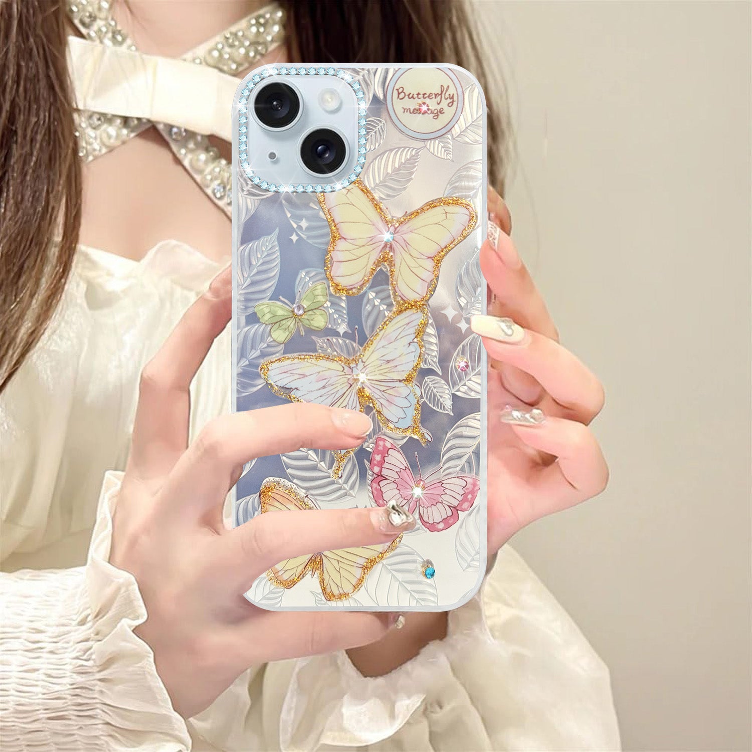 For Apple iPhone 15 Back Cover Case (Luxury Floral Glitter Cute Butterfly | Diamond Studded Camera Bump | Girls & Women Design)