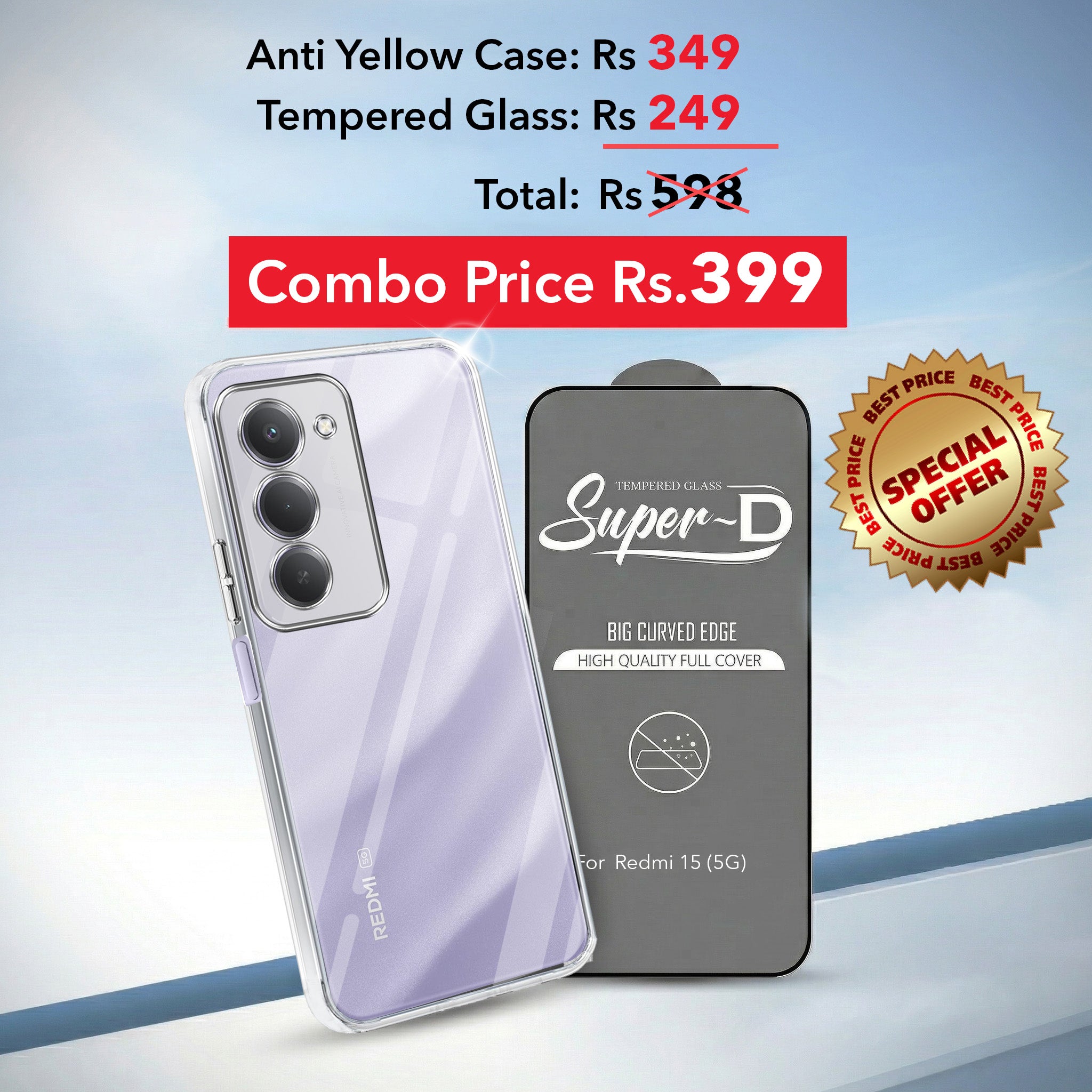 For Redmi 15 Combo with Back Cover and 9H Tempered Glass (Lifetime Anti-Yellow | Sleek Hard Crystal | Oleophobic Coating Screen Glass)