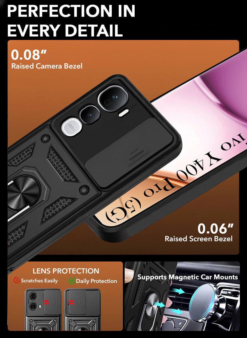 For Vivo Y400 Pro Back Cover Case Hybrid Armor (Sliding Shutter Camera Protection | Polycarbonate |Ring Holder Kickstand)