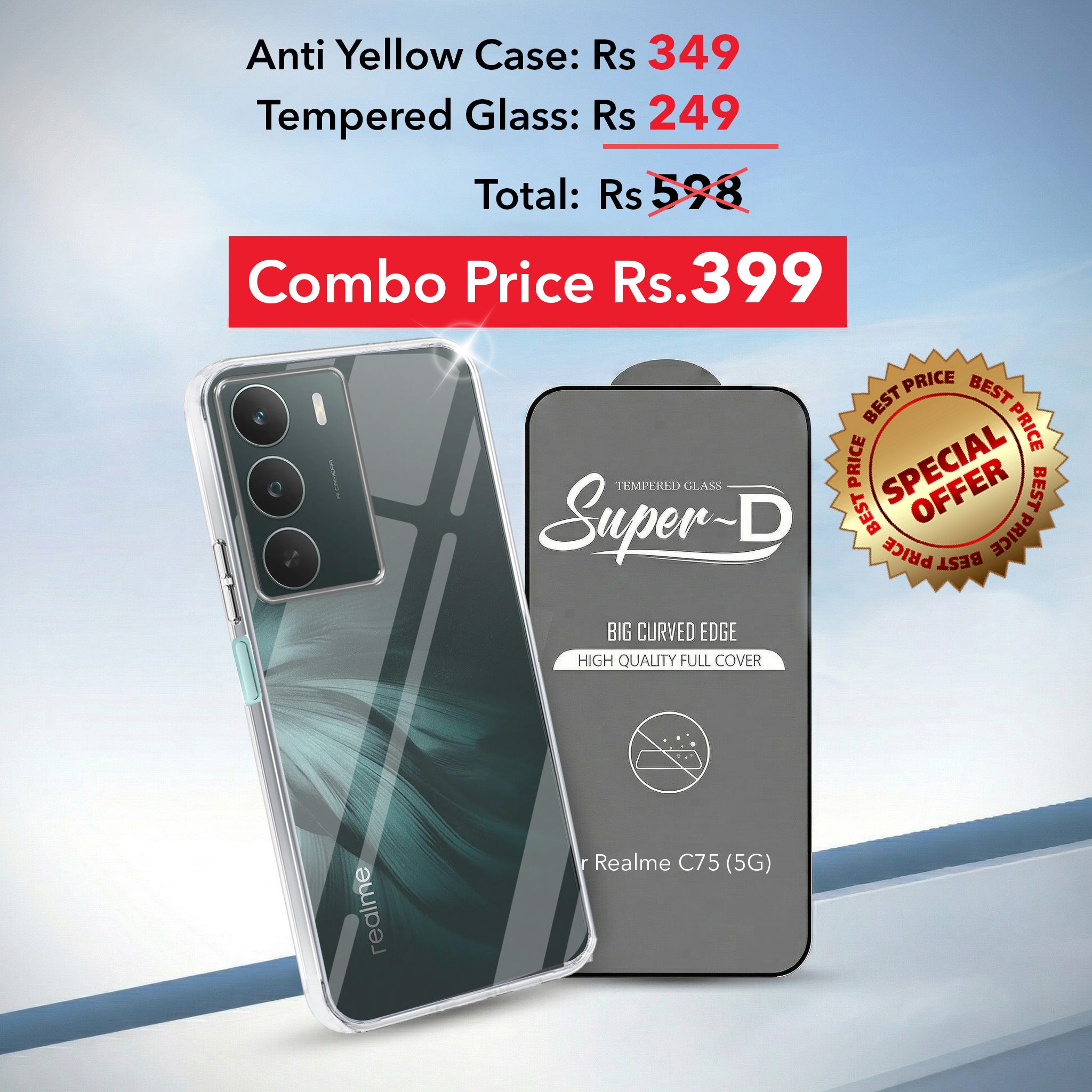 For Realme C75 5G Combo with Back Cover and 9H Tempered Glass (Lifetime Anti-Yellow | Sleek Hard Crystal | Oleophobic Coating Screen Glass)