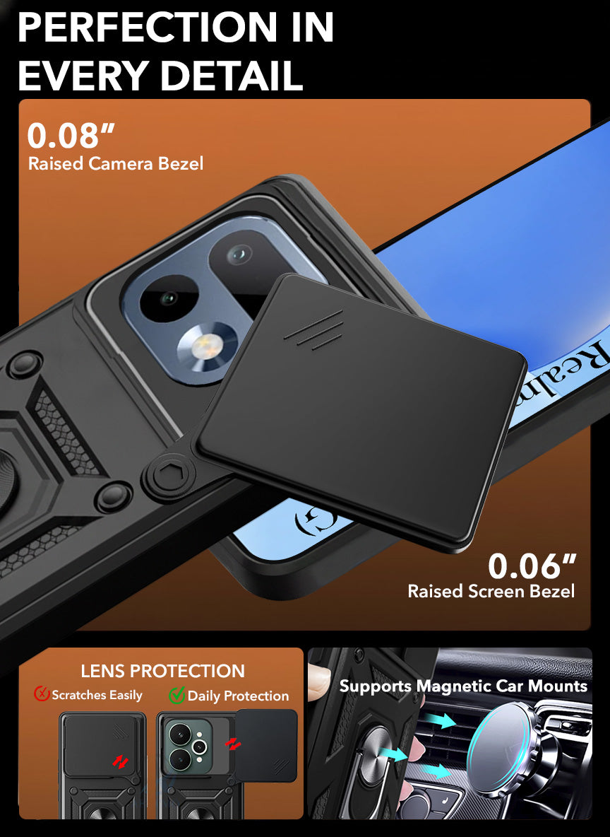 For Realme 16 Pro Back Cover Case Hybrid Armor (Sliding Shutter Camera Protection | Polycarbonate |Ring Holder Kickstand)