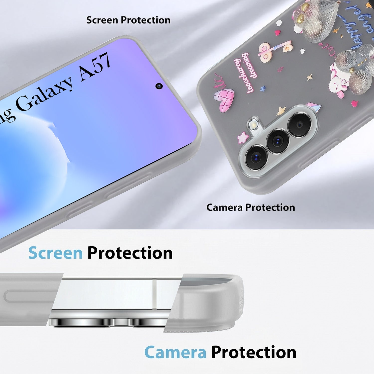 For Samsung Galaxy A57 Back Cover Case (3D Cute Heart Strap Holder | Camera Protection | Designer Girls Print)