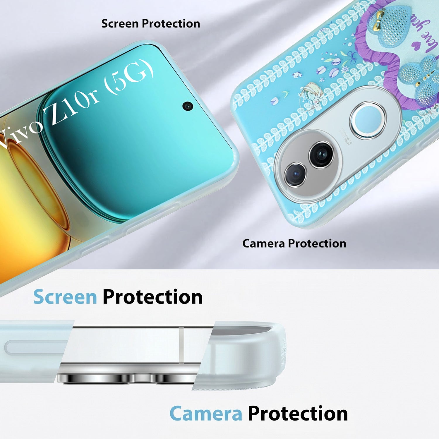 For Vivo iQOO Z10R Back Cover Case (3D Cute Heart Strap Holder | Camera Protection | Designer Girls Print)