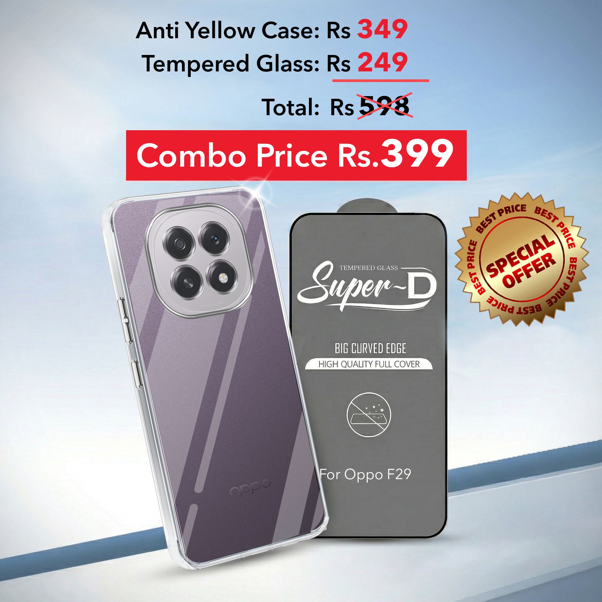 For Oppo F29 Combo with Back Cover and 9H Tempered Glass (Lifetime Anti-Yellow | Sleek Hard Crystal | Oleophobic Coating Screen Glass)