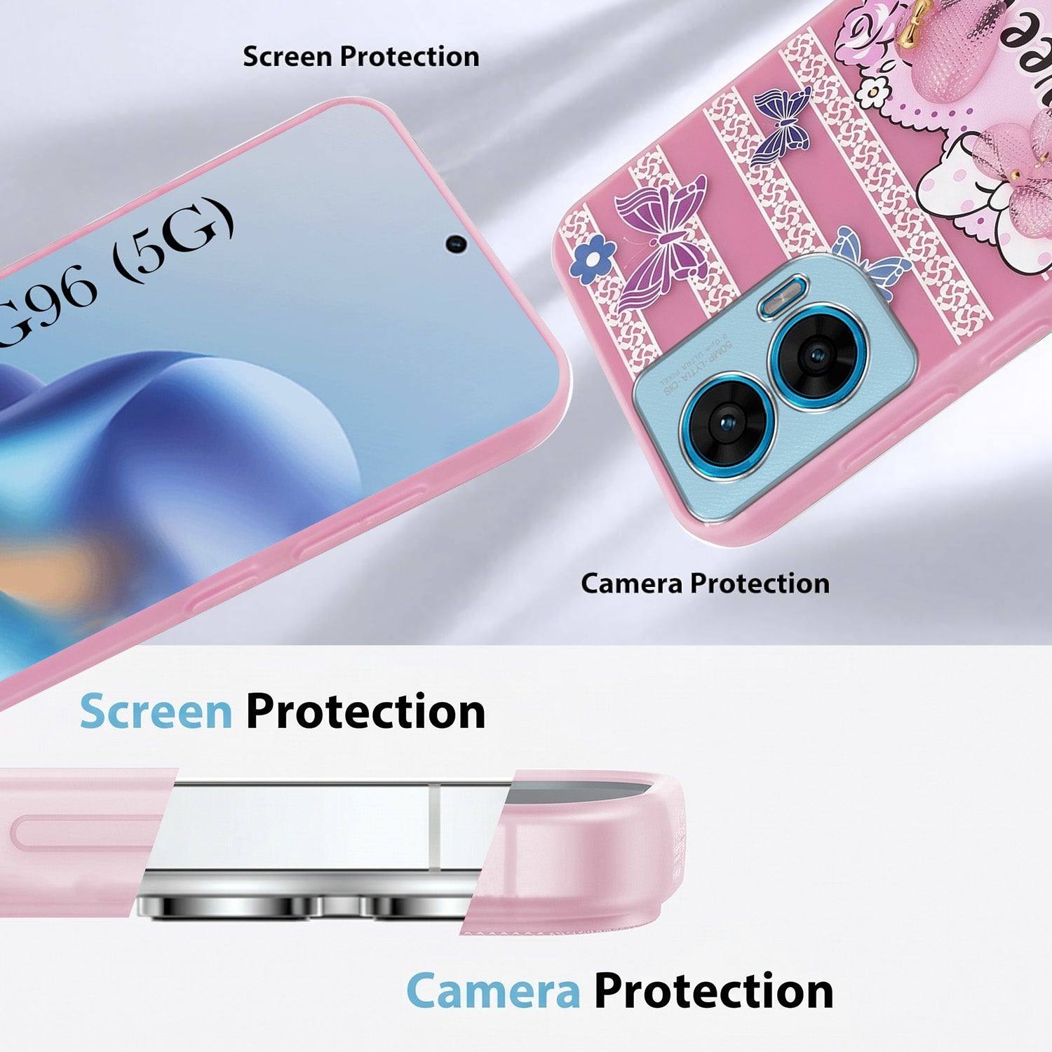 For Motorola Moto G96 Back Cover Case (3D Cute Heart Strap Holder | Camera Protection | Designer Girls Print)