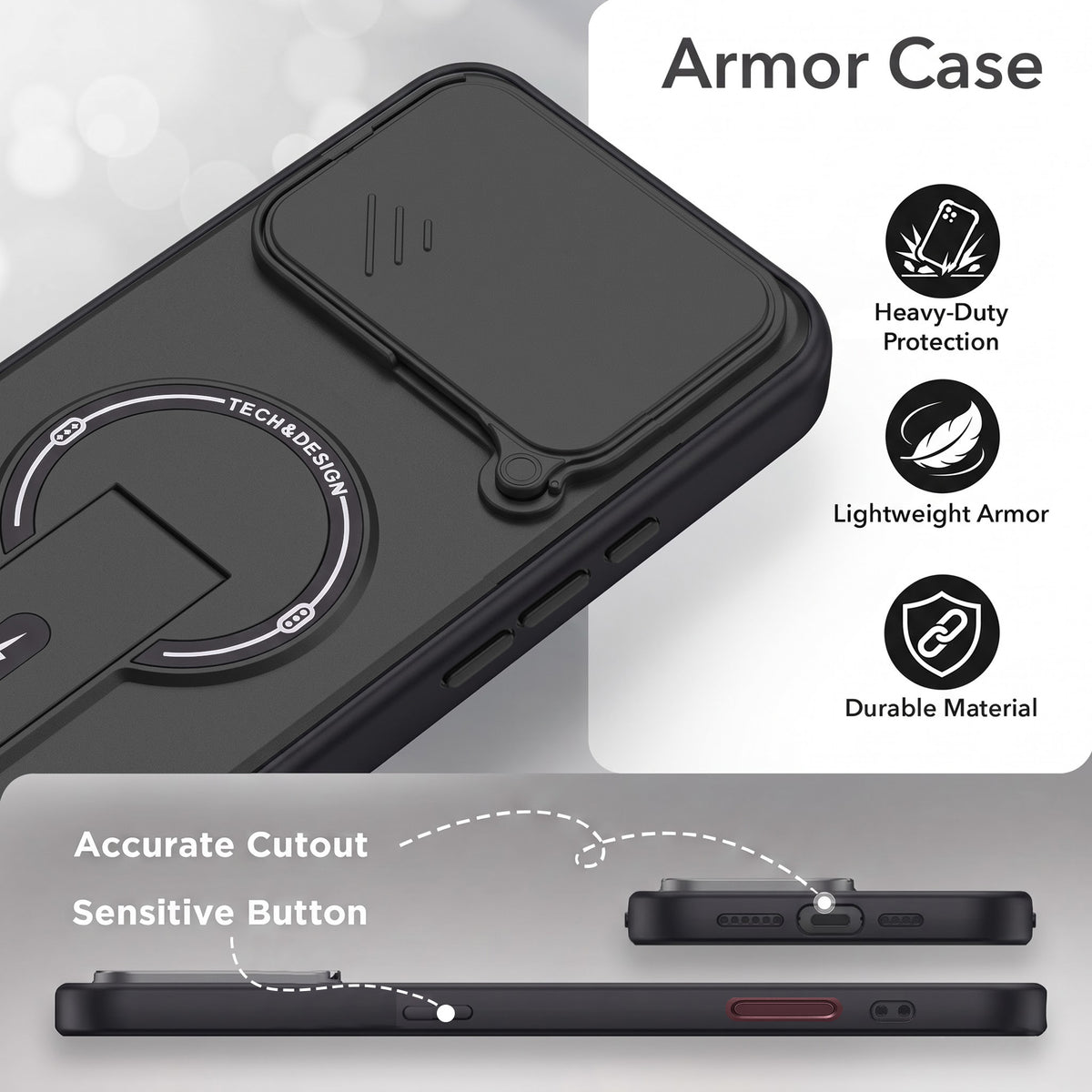For Apple iPhone 18 Pro Back Case Cover Metallic (Hybrid Armor Kickstand | Sliding Shutter Camera Protection | MagSafe Compatible)