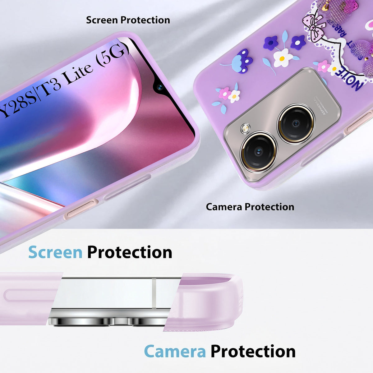 For Vivo Y28s 5G | Vivo T3 Lite 5G Back Cover Case (3D Cute Heart Strap Holder | Camera Protection | Designer Girls Print)
