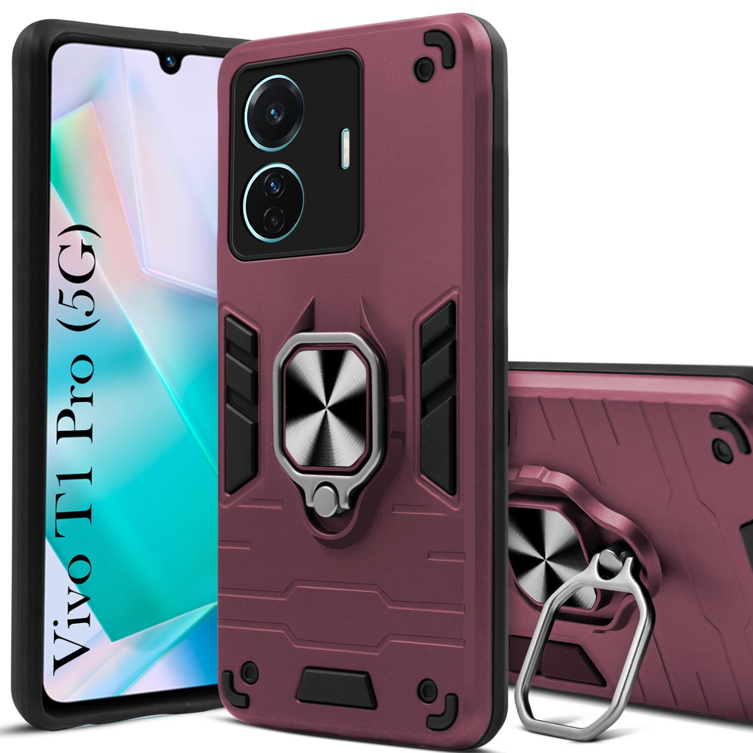 For Vivo T1 Pro 5G Back Cover Case Hybrid Armor (Shockproof Dual Layer Polycarbonate |Ring Holder Kickstand)