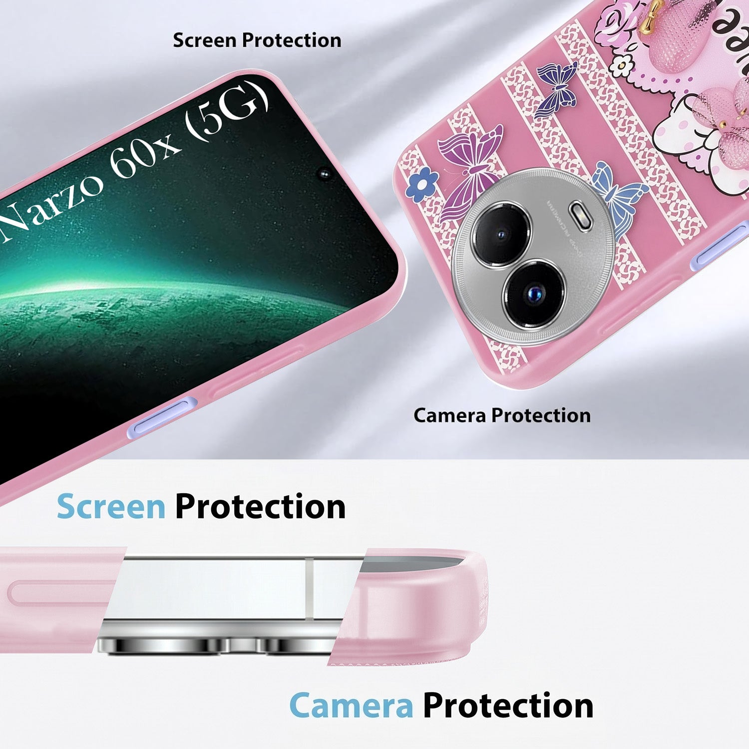 For Realme Narzo 60x Back Cover Case (3D Cute Heart Strap Holder | Camera Protection | Designer Girls Print)