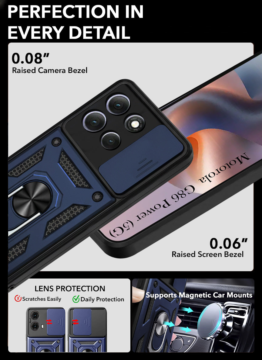 For Motorola Moto G86 Power Back Cover Case Hybrid Armor (Sliding Shutter Camera Protection | Polycarbonate |Ring Holder Kickstand)
