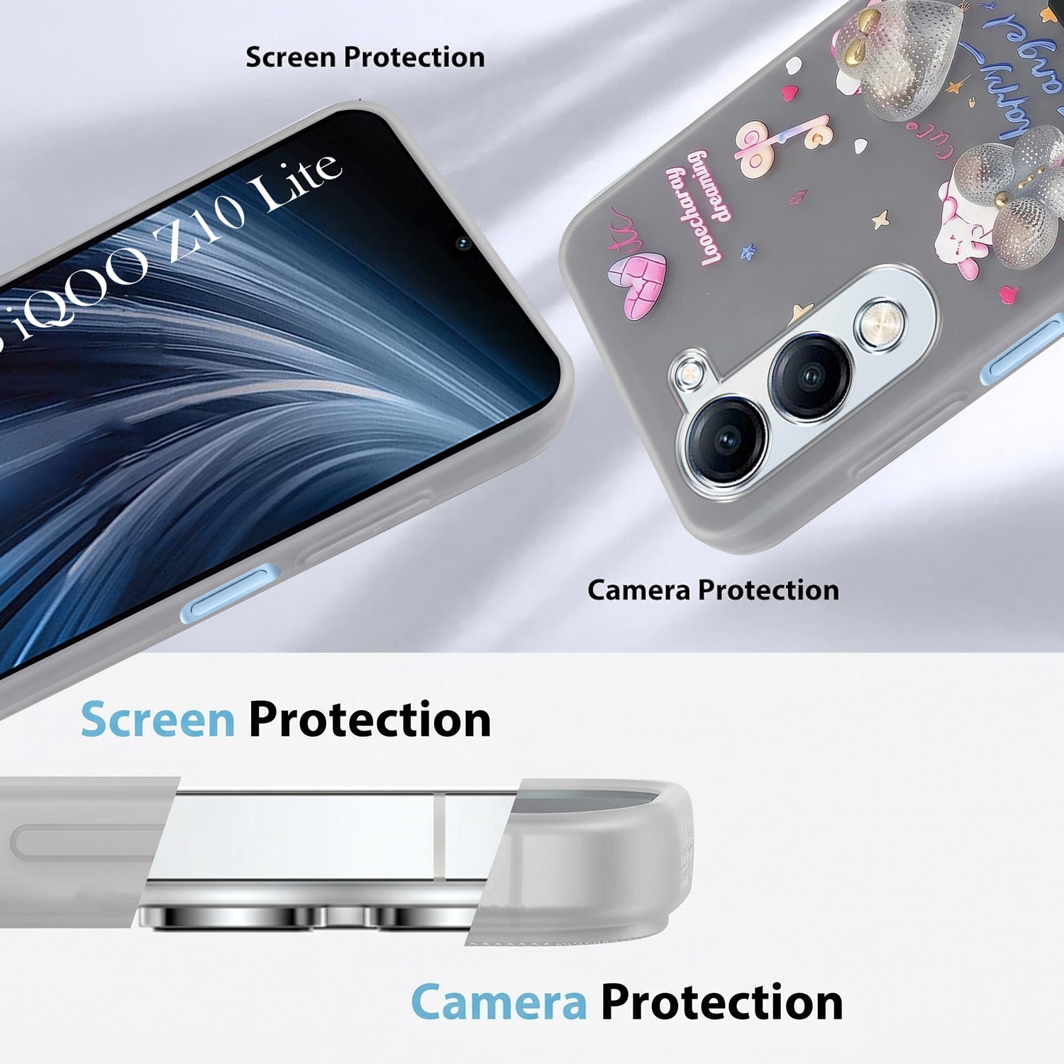 For Vivo iQOO Z10 Lite Back Cover Case (3D Cute Heart Strap Holder | Camera Protection | Designer Girls Print)
