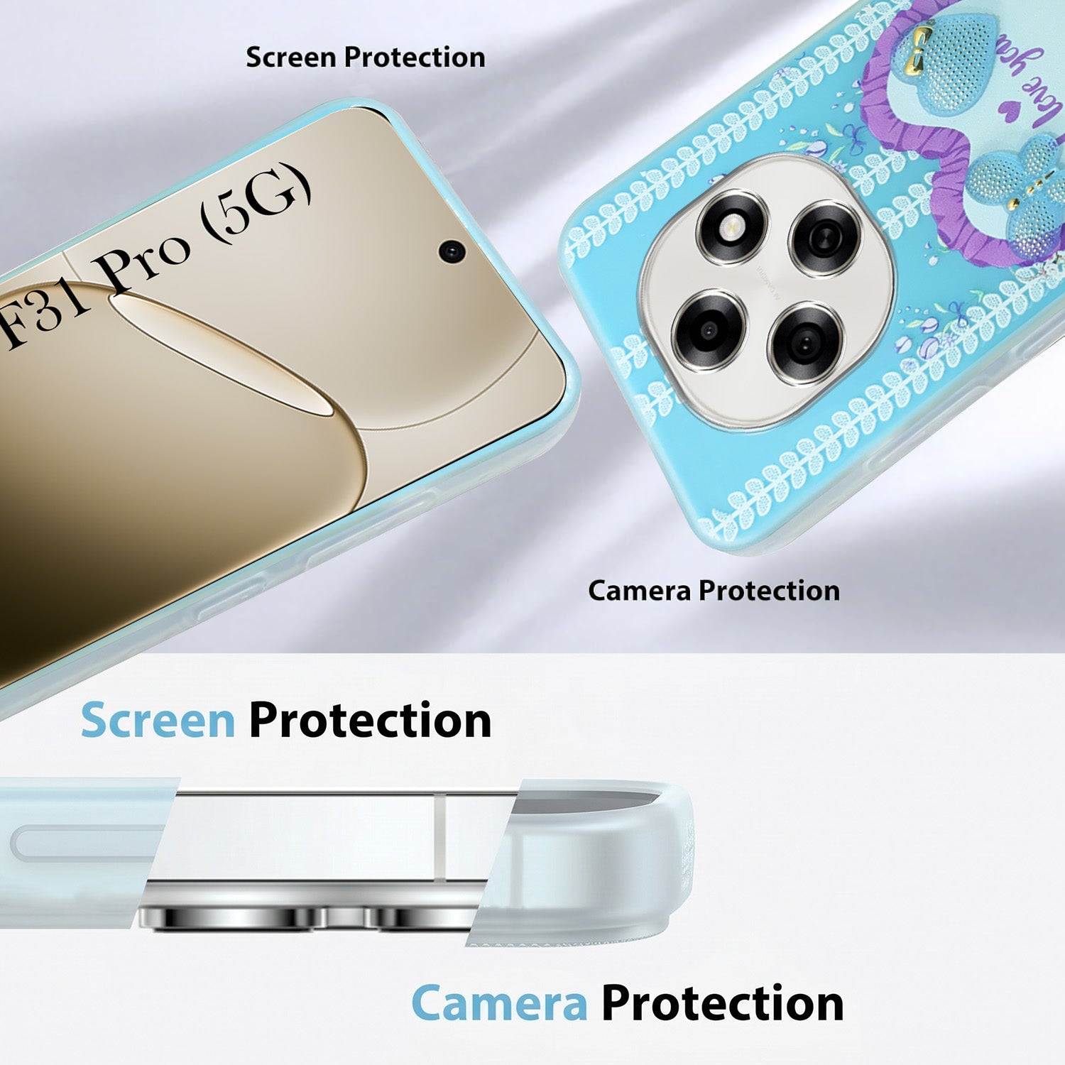 For Oppo F31 Pro Back Cover Case (3D Cute Heart Strap Holder | Camera Protection | Designer Girls Print)