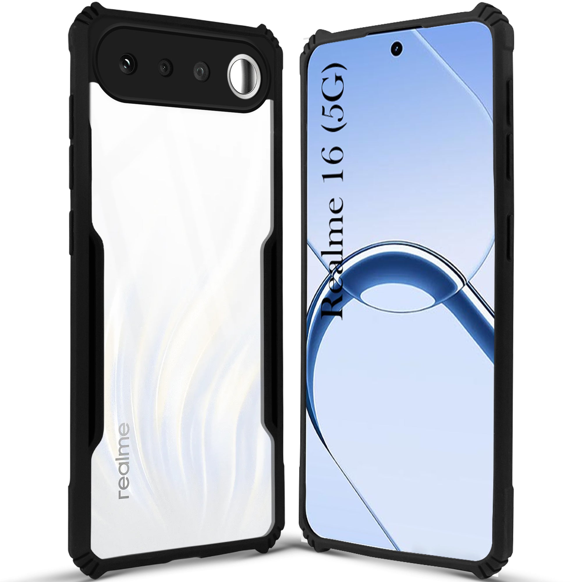 For Realme 16 Back Cover Case Hybrid (Shockproof with Polycarbonate Clear Panel | Professional Black)