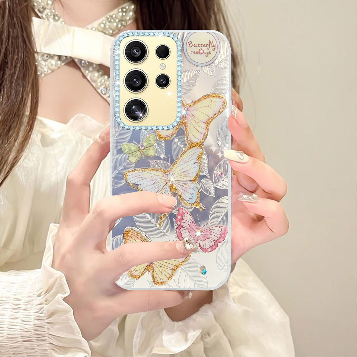 For Samsung Galaxy S24 Ultra Back Cover Case (Luxury Floral Glitter Cute Butterfly | Diamond Studded Camera Bump | Girls & Women Design)