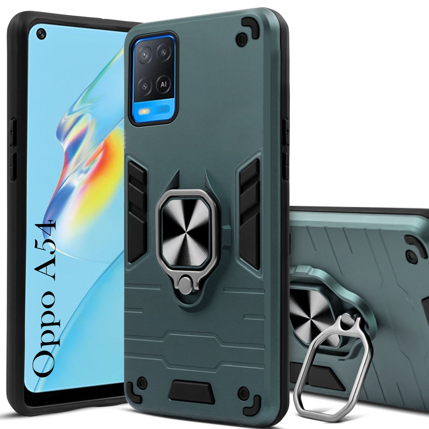 For Oppo A54 Back Cover Case Hybrid Armor (Shockproof Dual Layer Polycarbonate |Ring Holder Kickstand)