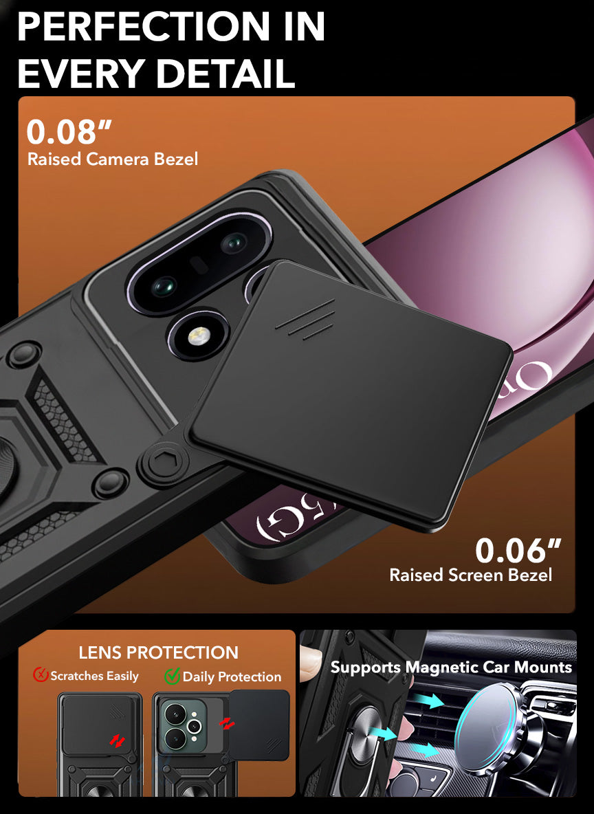 For OnePlus 15 5G Back Cover Case Hybrid Armor (Sliding Shutter Camera Protection | Polycarbonate |Ring Holder Kickstand)