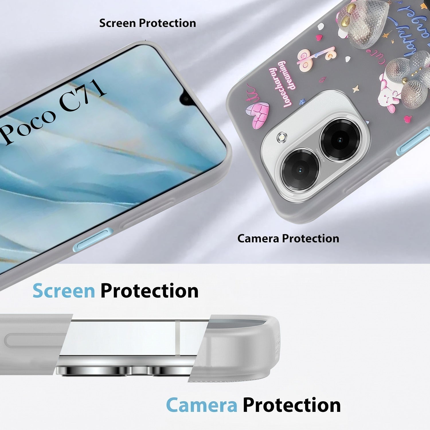 For Poco C71 Back Cover Case (3D Cute Heart Strap Holder | Camera Protection | Designer Girls Print)