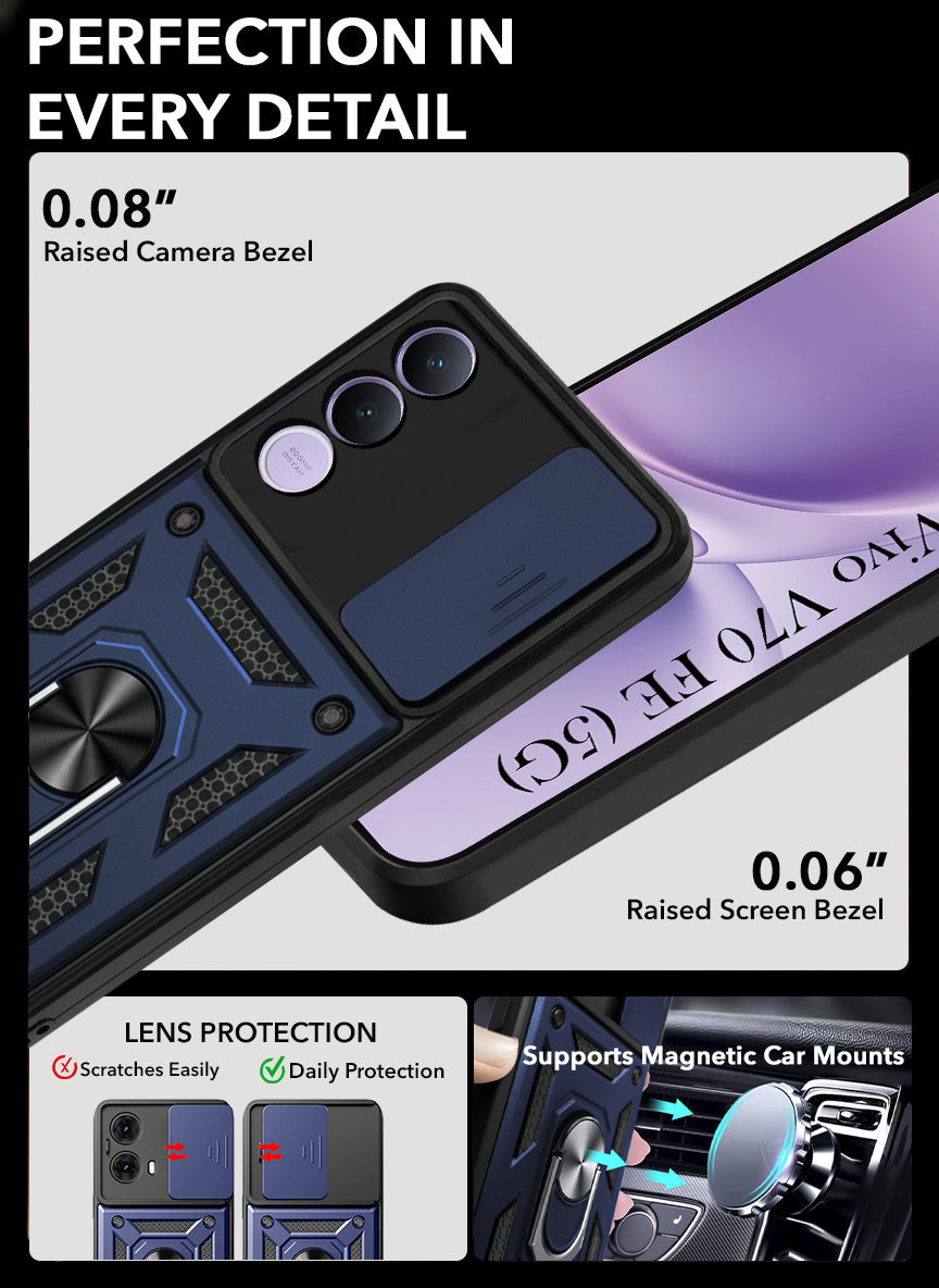 For Vivo V70 FE 5G Back Cover Case Hybrid Armor (Sliding Shutter Camera Protection | Polycarbonate |Ring Holder Kickstand)