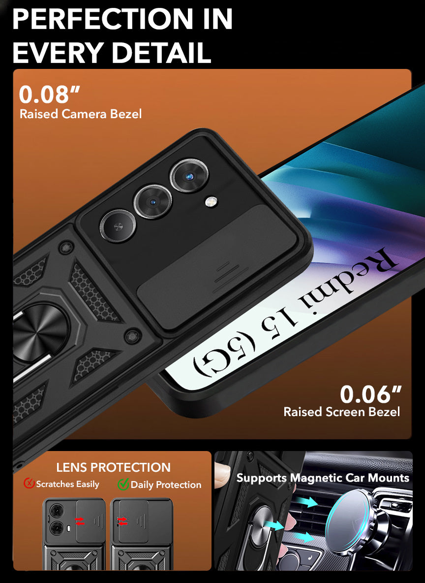 For Redmi 15 Back Cover Case Hybrid Armor (Sliding Shutter Camera Protection | Polycarbonate |Ring Holder Kickstand)