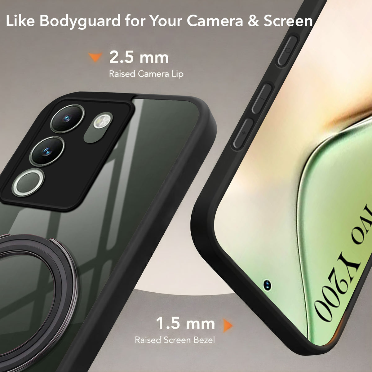 For Vivo Y200 Back Cover Case (Kick Stand Ring Holder | Life time Anti Yellow | Camera Protection)