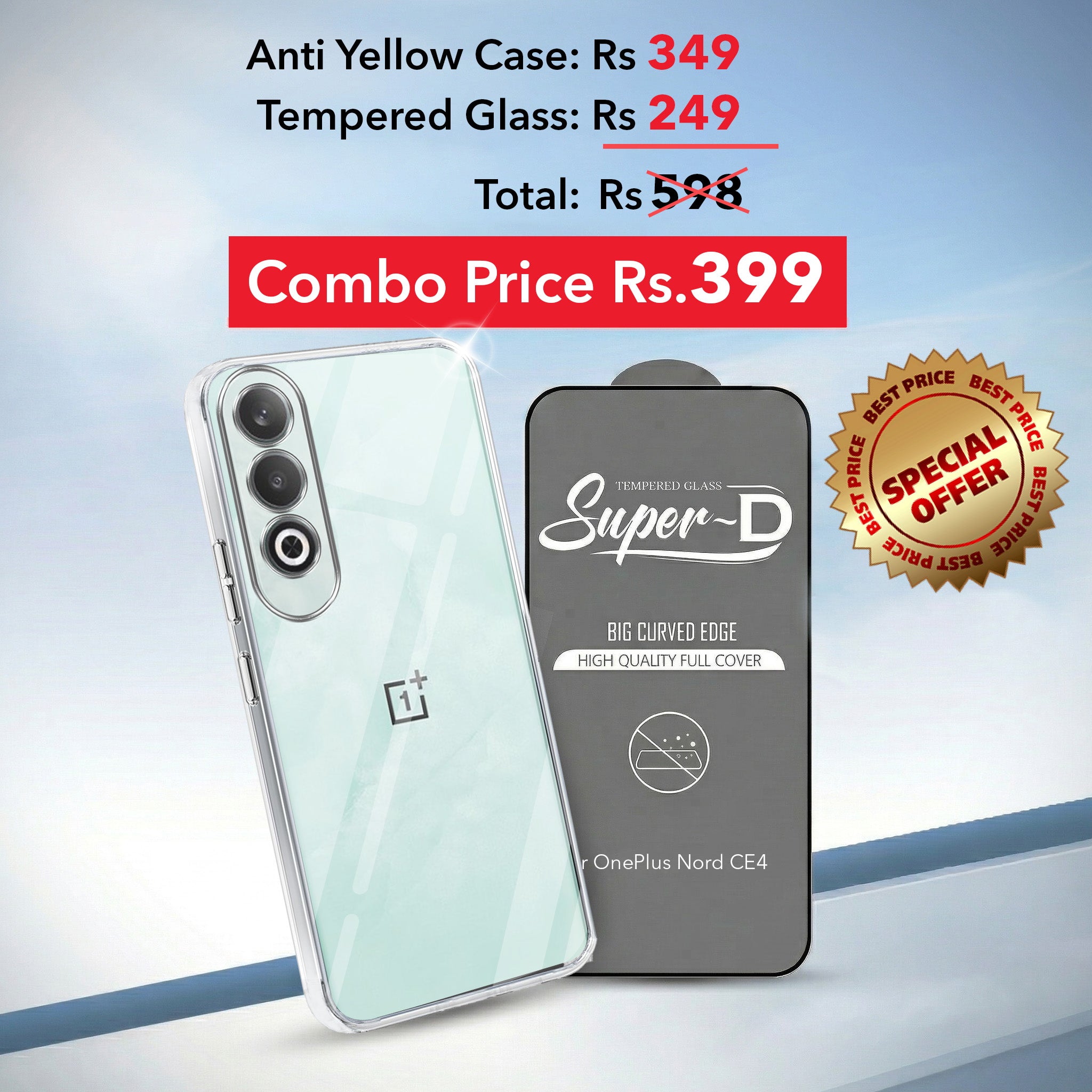 For Oneplus Nord CE 4 Combo with Back Cover and 9H Tempered Glass (Lifetime Anti-Yellow | Sleek Hard Crystal | Oleophobic Coating Screen Glass)