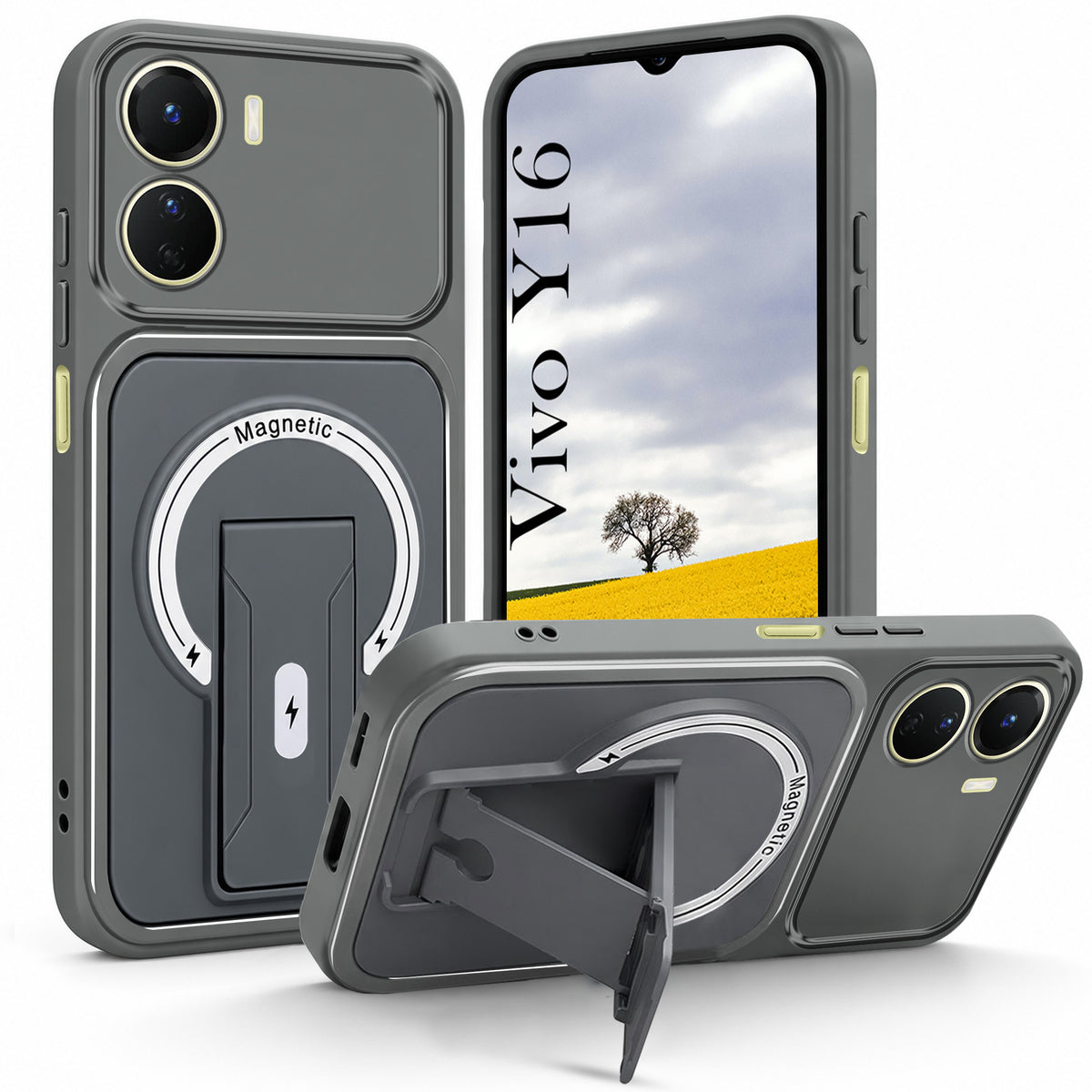 For Vivo Y16 Back Case Cover Metallic (Hybrid Armor Kickstand | MagSafe Compatible | Camera Protection Shockproof)