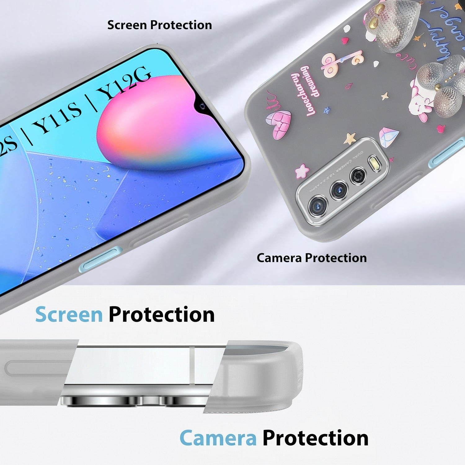 For Vivo Y12s | Y11s | Y12G Back Cover Case (3D Cute Heart Strap Holder | Camera Protection | Designer Girls Print)