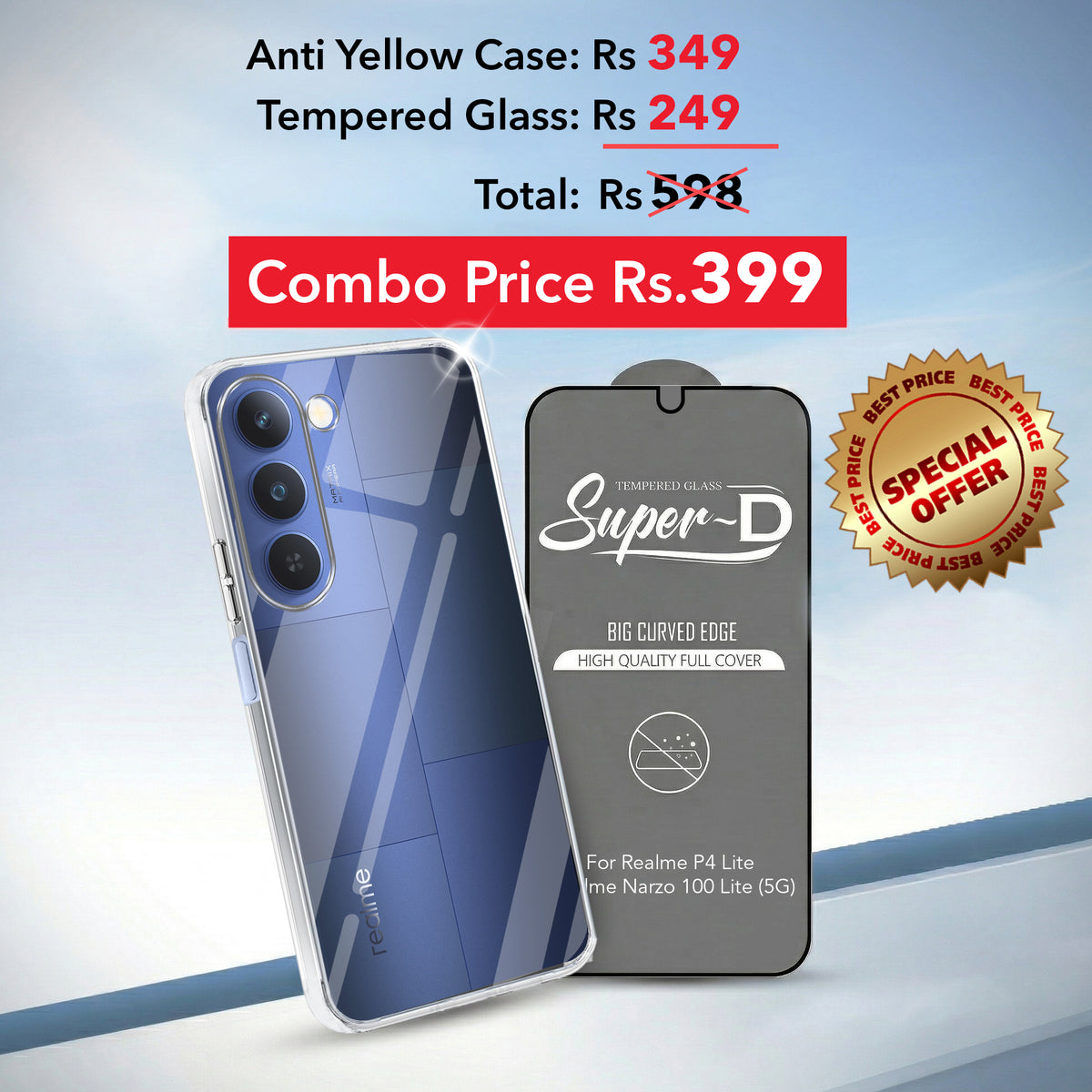 For Realme P4 Lite 5G | Narzo 100 Lite 5G Combo with Back Cover and 9H Tempered Glass (Lifetime Anti-Yellow | Sleek Hard Crystal | Oleophobic Coating Screen Glass)