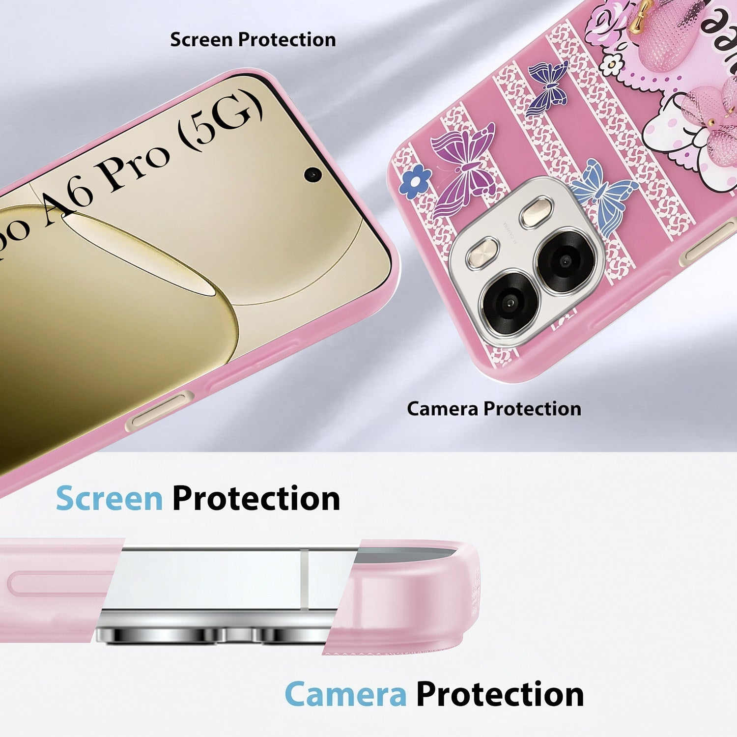 For Oppo A6 Pro Back Cover Case (3D Cute Heart Strap Holder | Camera Protection | Designer Girls Print)