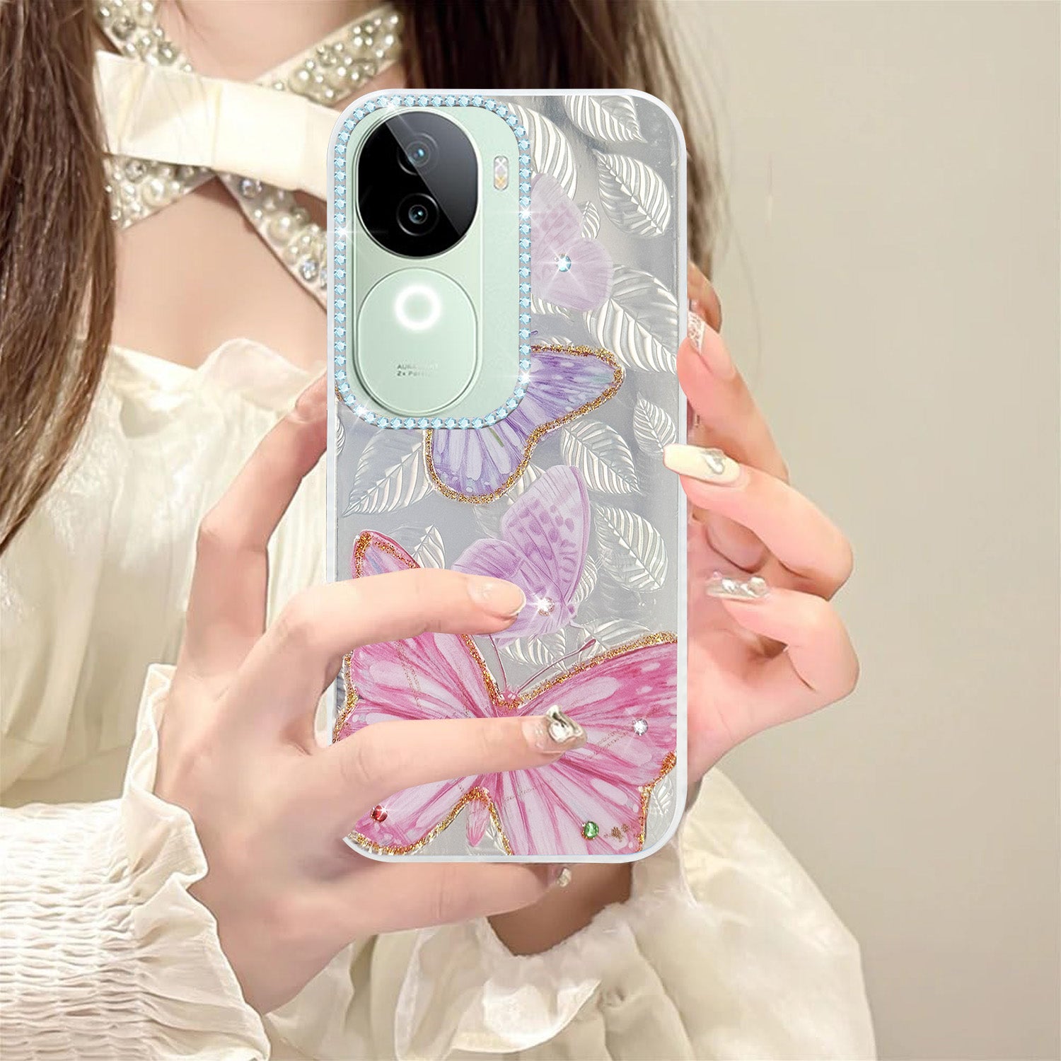 For Vivo iQOO Z9s  Back Cover Case (Luxury Floral Glitter Cute Butterfly | Diamond Studded Camera Bump | Girls & Women Design)
