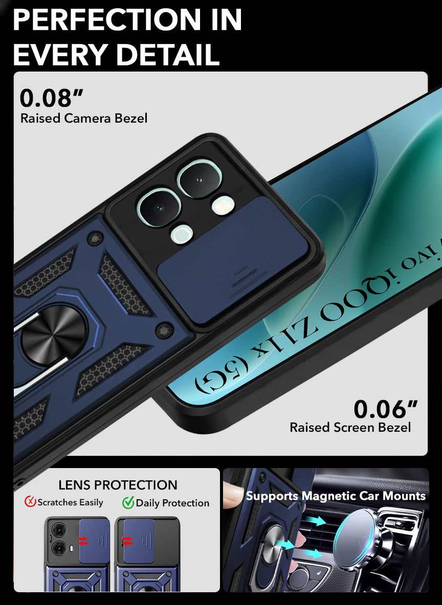 For Vivo iQOO Z11x 5G Back Cover Case Hybrid Armor (Sliding Shutter Camera Protection | Polycarbonate |Ring Holder Kickstand)