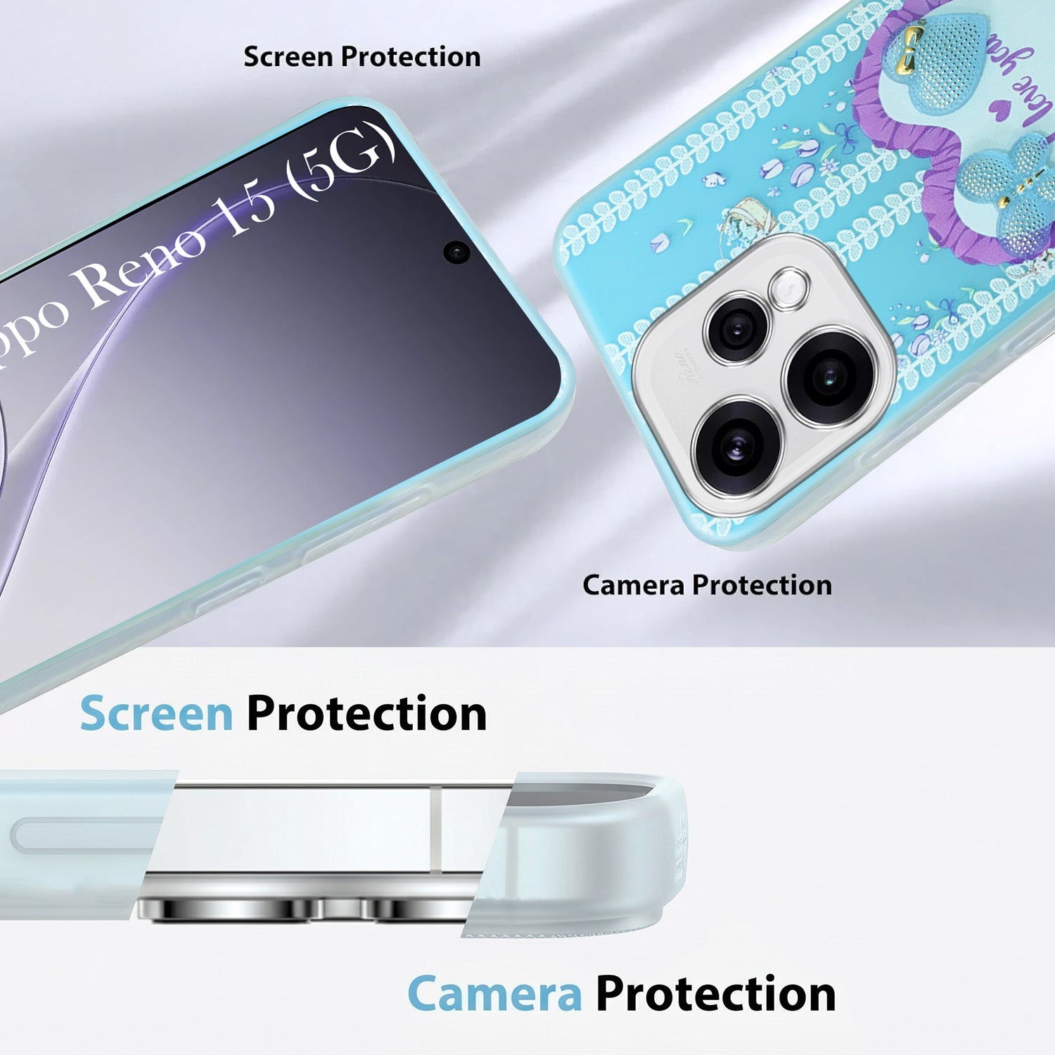 For Oppo Reno15 5G Back Cover Case (3D Cute Heart Strap Holder | Camera Protection | Designer Girls Print)