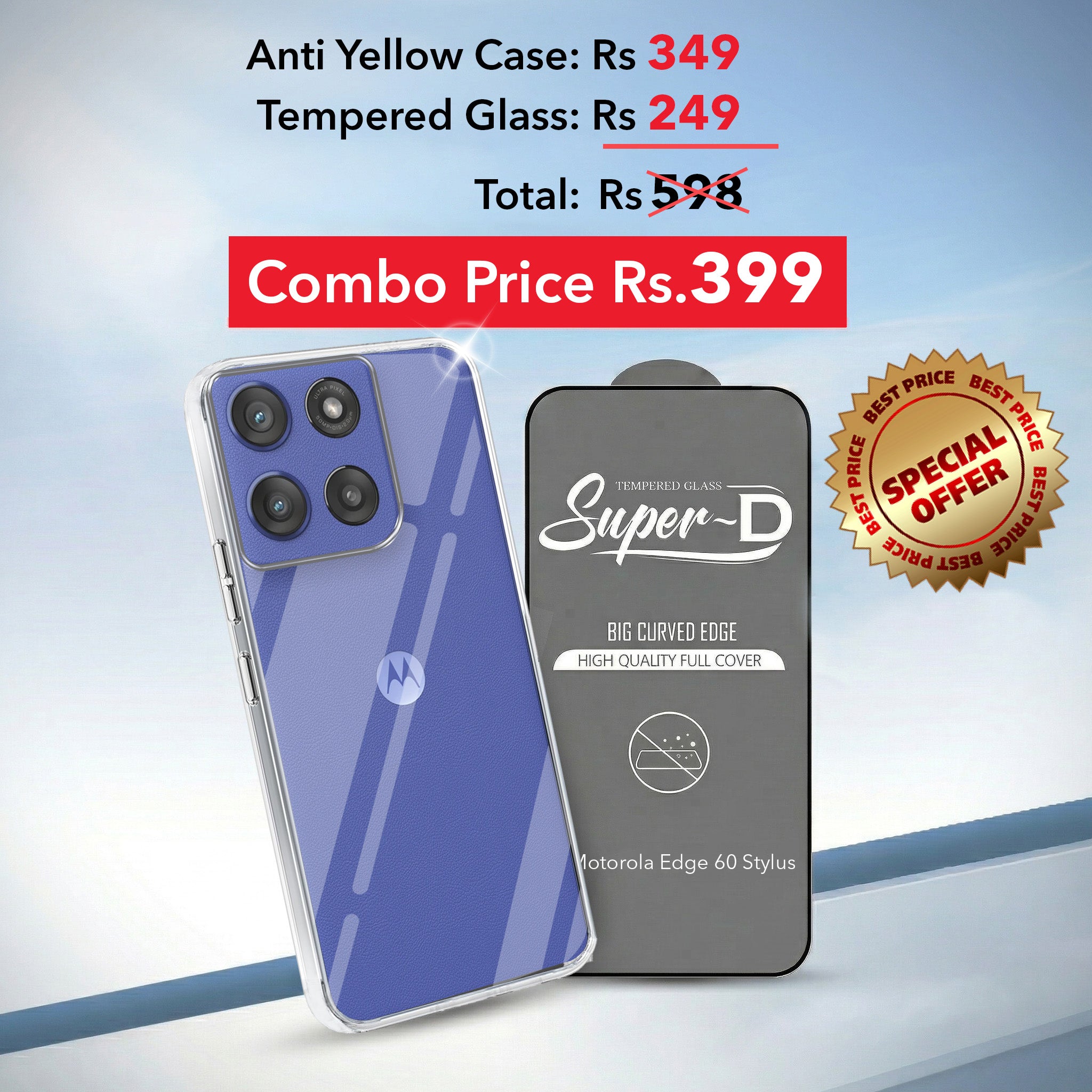 For  Motorola Moto Edge 60 Stylus Combo with Back Cover and 9H Tempered Glass (Lifetime Anti-Yellow | Sleek Hard Crystal | Oleophobic Coating Screen Glass)