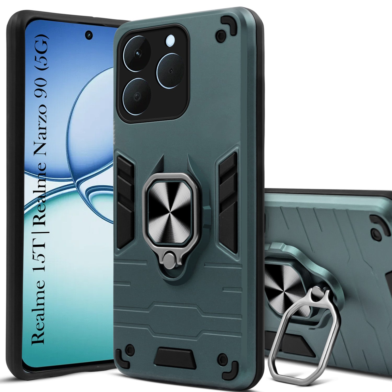 For Realme 15T | Realme Narzo 90 Back Cover Case Hybrid Armor (Shockproof Dual Layer Polycarbonate |Ring Holder Kickstand)
