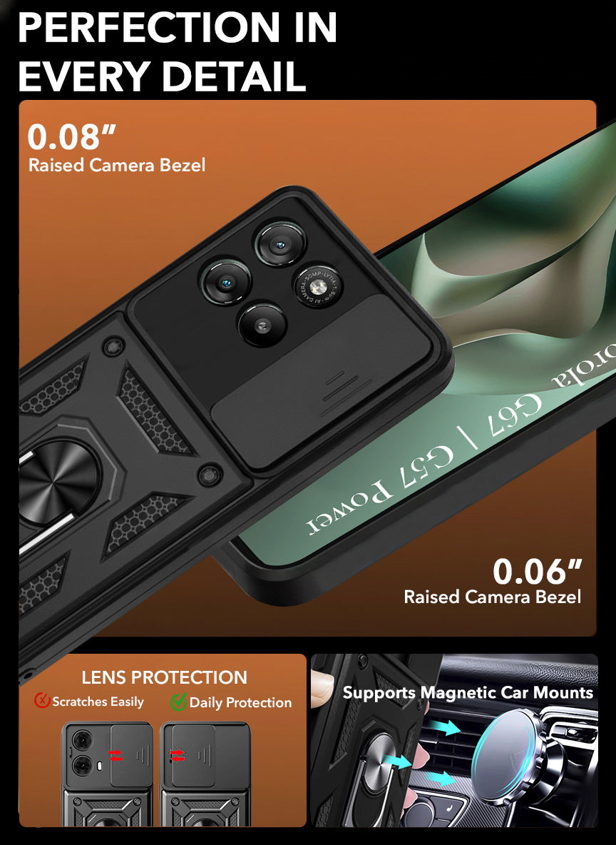 For Motorola Moto G67 Power | G57 Power Back Cover Case Hybrid Armor (Sliding Shutter Camera Protection | Polycarbonate |Ring Holder Kickstand)