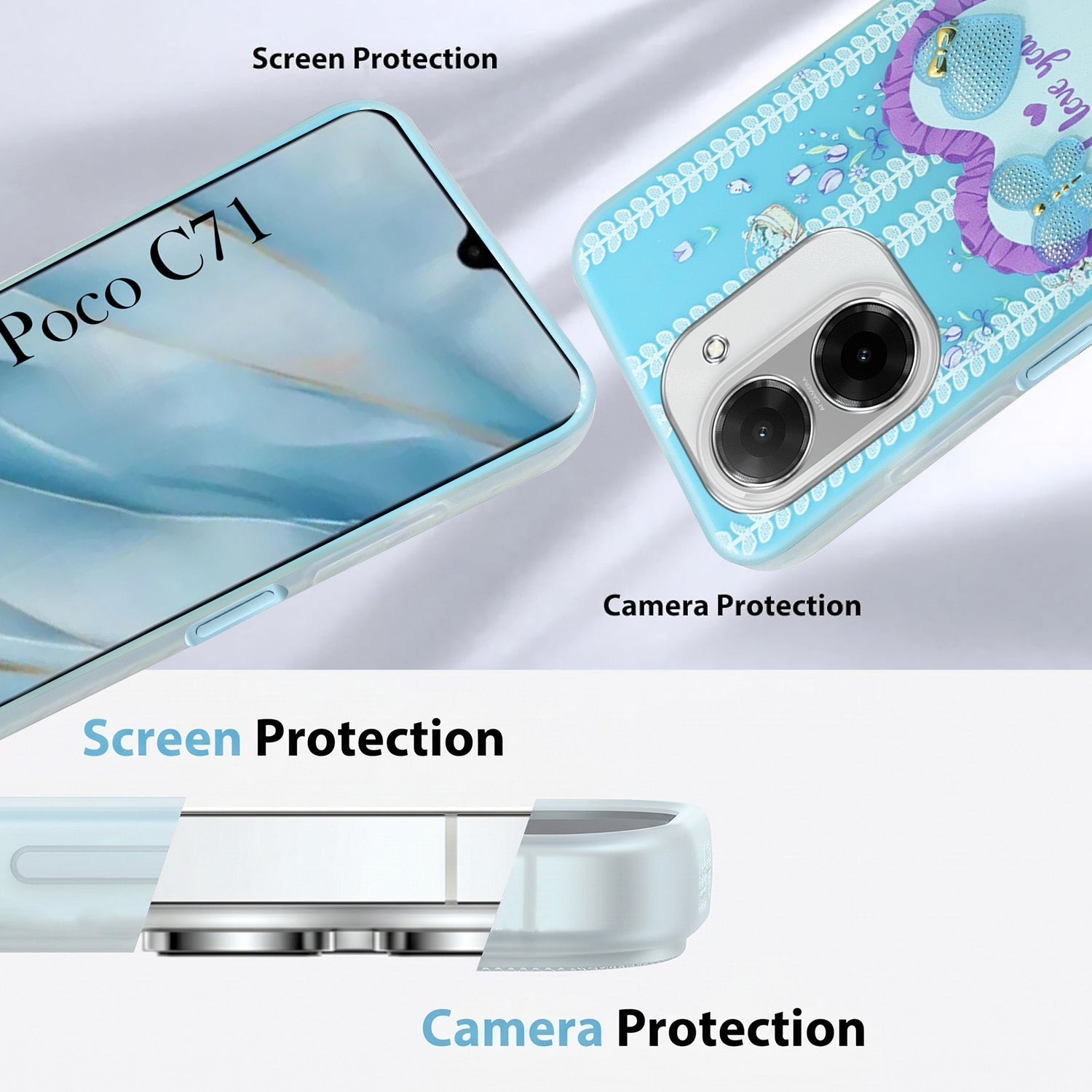 For Poco C71 Back Cover Case (3D Cute Heart Strap Holder | Camera Protection | Designer Girls Print)