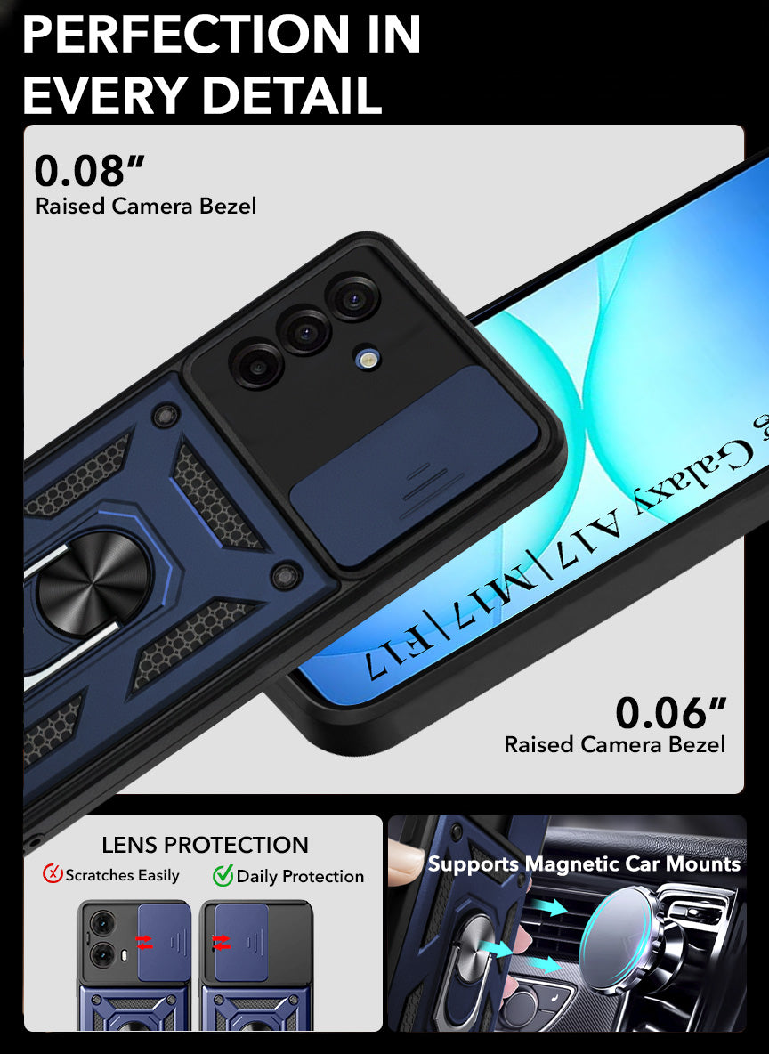 For Samsung Galaxy A17 | Samsung F17 | Samsung M17 5G Back Cover Case Hybrid Armor (Sliding Shutter Camera Protection | Polycarbonate |Ring Holder Kickstand)
