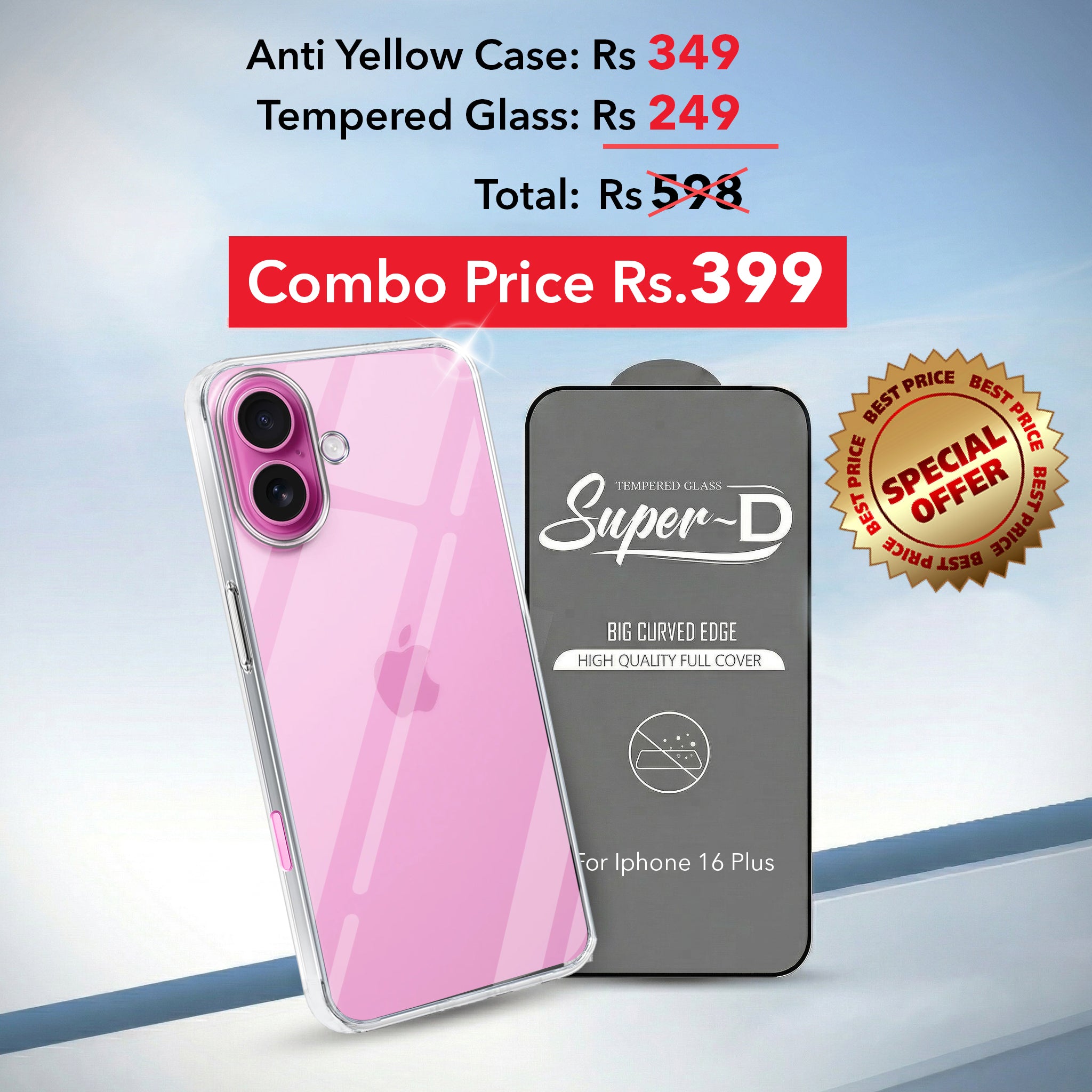 For Apple iPhone 16 Plus Combo with Back Cover and 9H Tempered Glass (Lifetime Anti-Yellow | Sleek Hard Crystal | Oleophobic Coating Screen Glass)