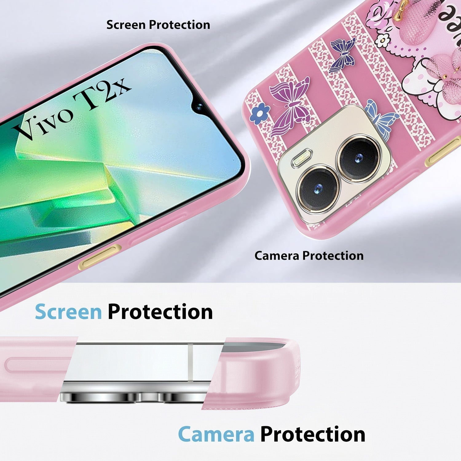 For Vivo T2x Back Cover Case (3D Cute Heart Strap Holder | Camera Protection | Designer Girls Print)