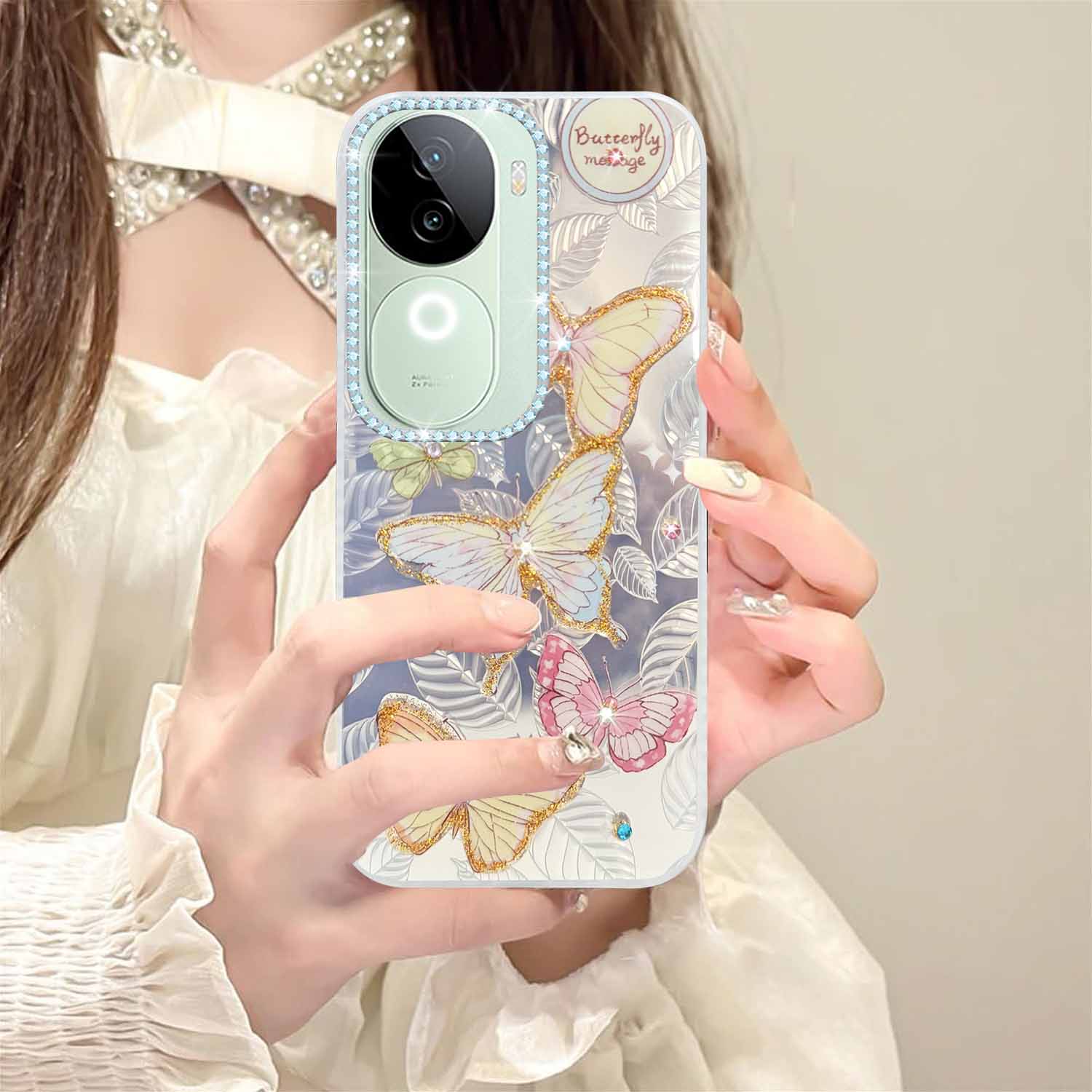 For Vivo iQOO Z9s  Back Cover Case (Luxury Floral Glitter Cute Butterfly | Diamond Studded Camera Bump | Girls & Women Design)