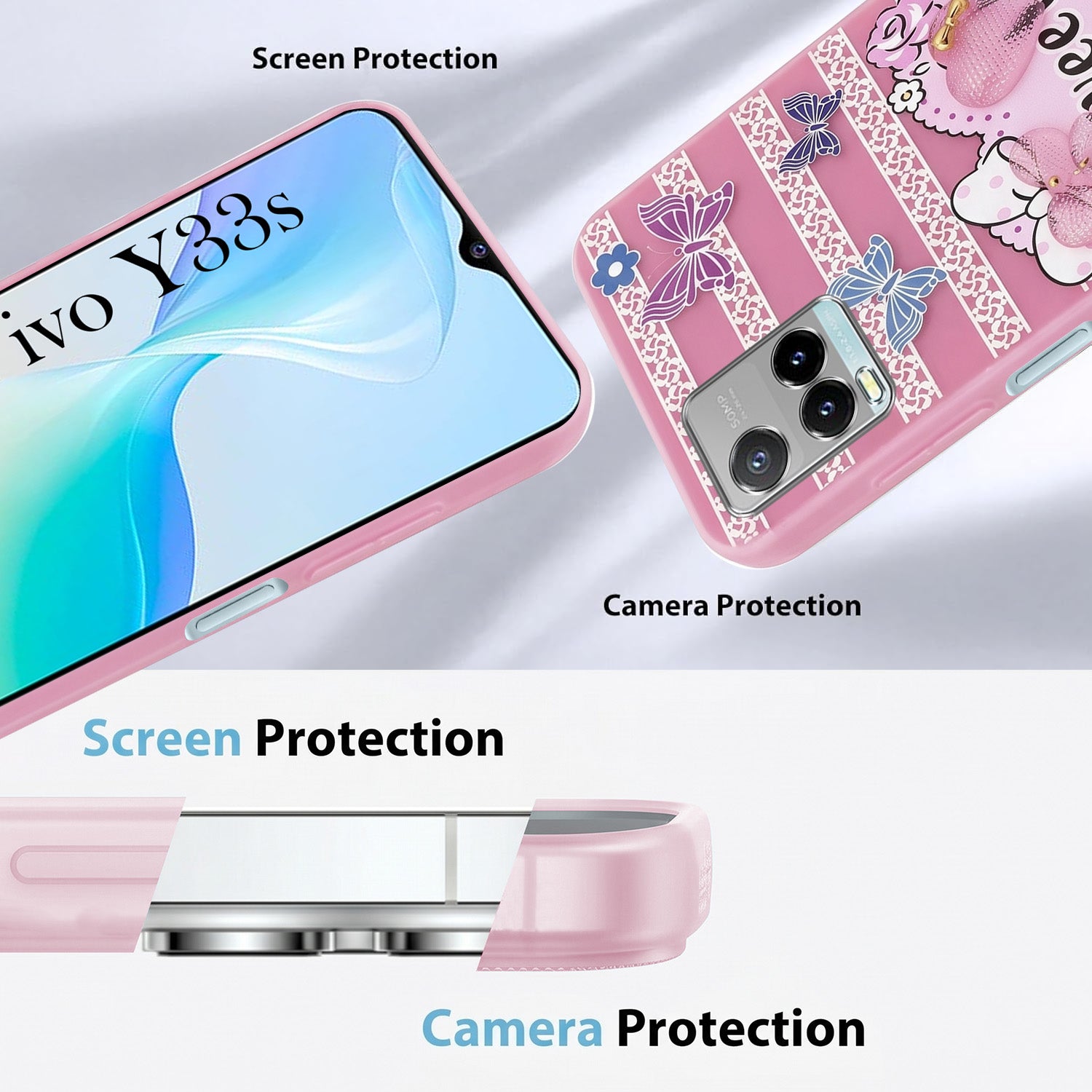 For Vivo Y33s Back Cover Case (3D Cute Heart Strap Holder | Camera Protection | Designer Girls Print)