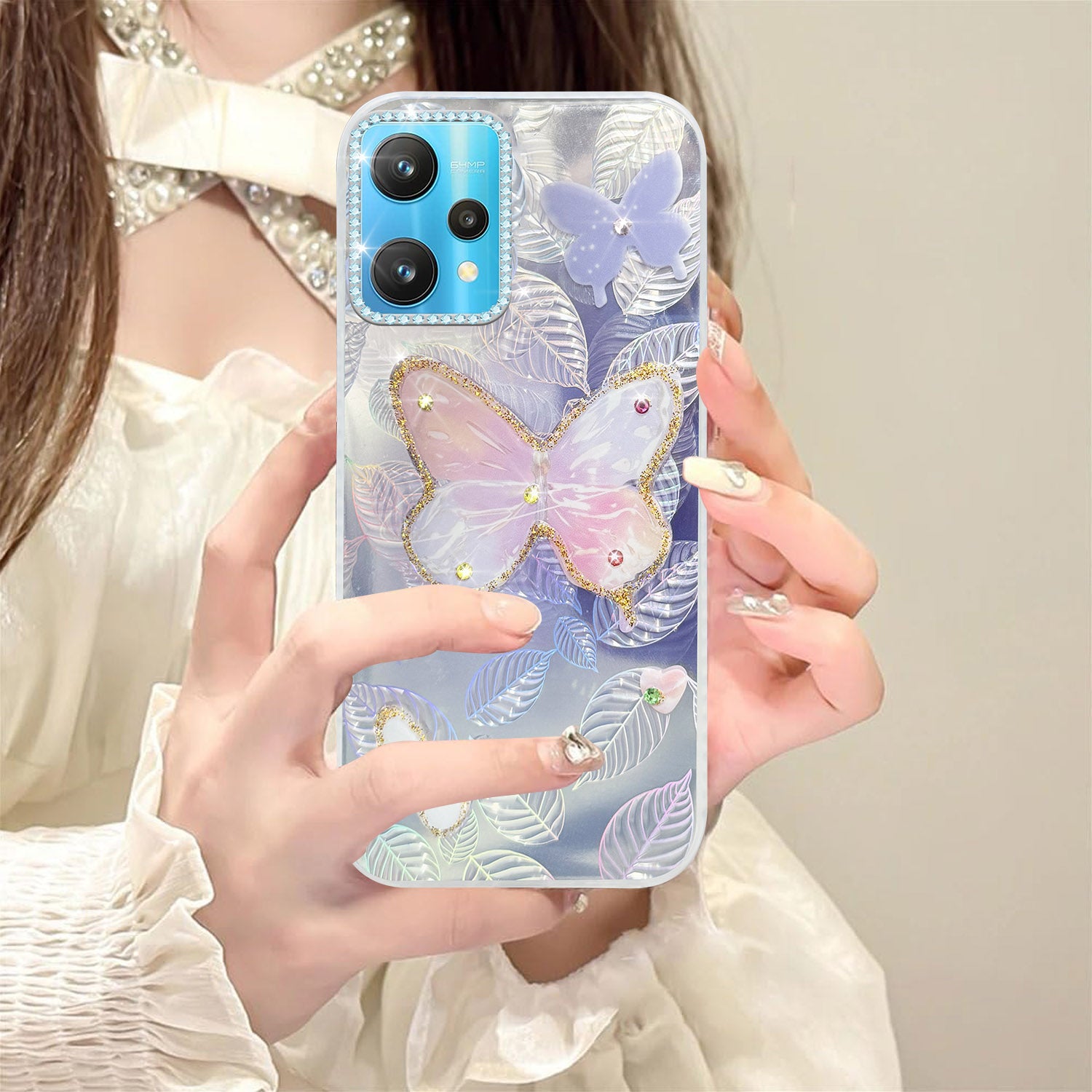 For Realme 9 Pro Back Cover Case (Luxury Floral Glitter Cute Butterfly | Diamond Studded Camera Bump | Girls & Women Design)