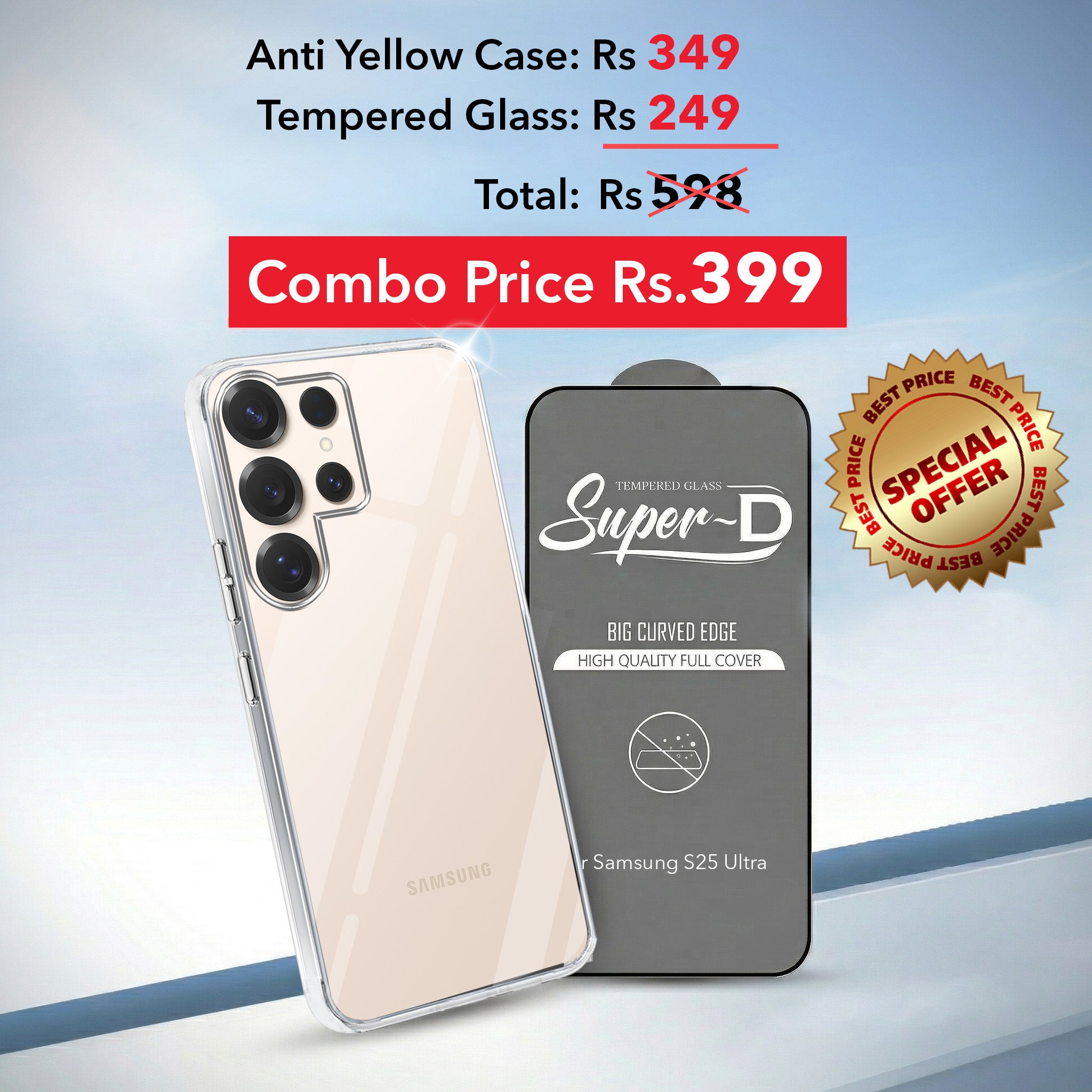 For Samsung Galaxy S25 Ultra Combo with Back Cover and 9H Tempered Glass (Lifetime Anti-Yellow | Sleek Hard Crystal | Oleophobic Coating Screen Glass)