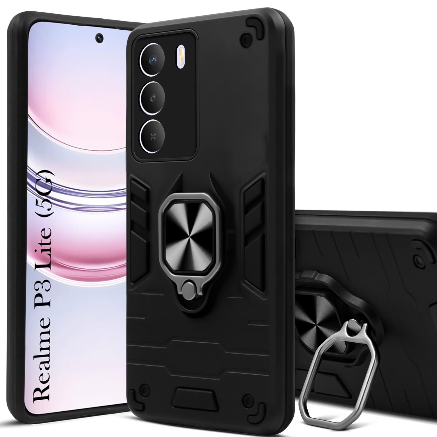 For Realme P3 Lite Hybrid Armor Back Cover Case (Shockproof Dual Layer Polycarbonate |Ring Holder Kickstand)